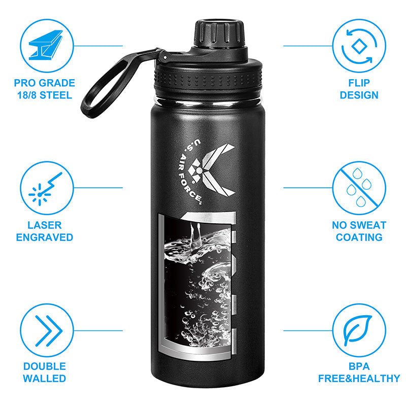 A matte black stainless steel water bottle with 'USAF' and an Air Force wings emblem in silver.