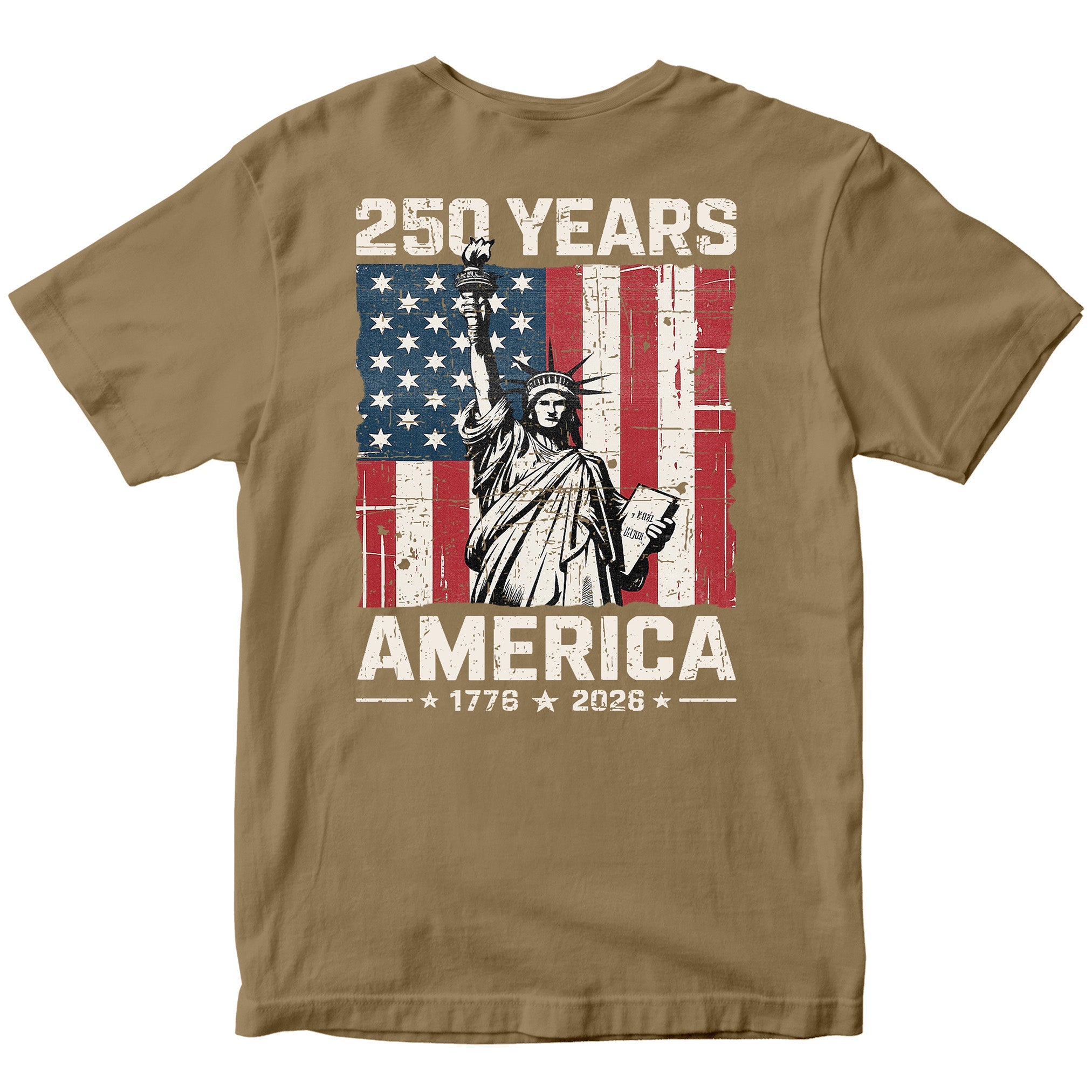 America 250th anniversary patriotic T-shirt with Lady Liberty and American flag. USA 250th Birthday Tee 1776-2026.