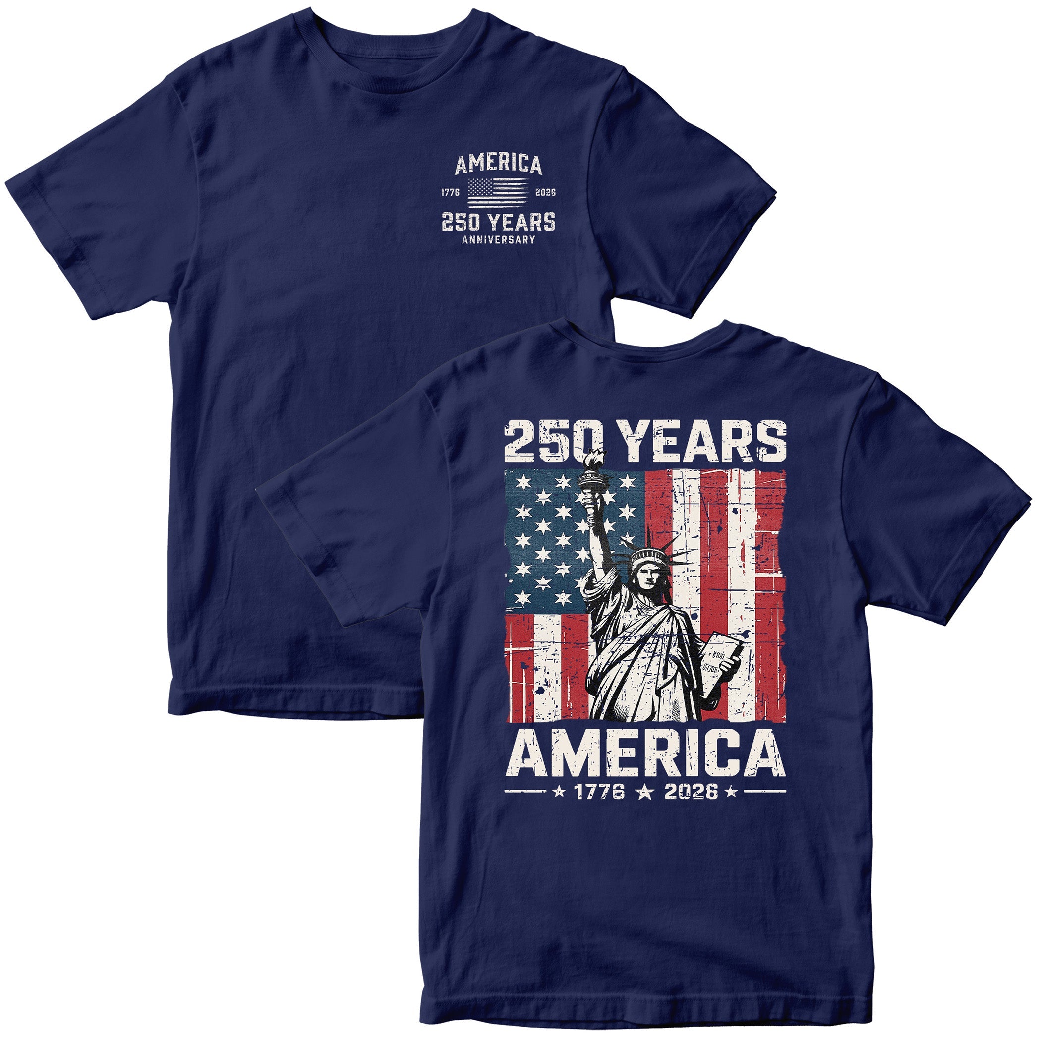 America 250th anniversary patriotic T-shirt with Lady Liberty and American flag. Blue USA 250th Birthday Tee 1776-2026.
