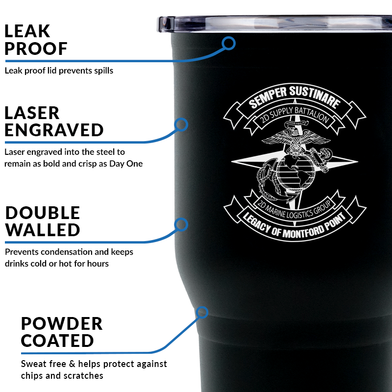 Second Supply Battalion USMC Unit Logo tumbler, 2d Supply Bn USMC Unit Logo coffee cup, 2d Supply Battalion USMC, Marine Corp gift ideas, USMC Gifts for women