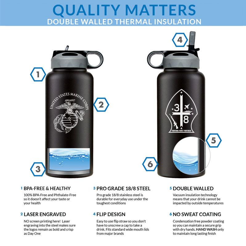 3rd Battalion 8th Marines logo water bottle, 3rd Battalion 8th Marines hydroflask, 3d Battalion 8th Marines USMC, Marine Corp gift ideas, USMC Gifts for women flask, big USMC water bottle, 32 ounce Marine Corp water bottle