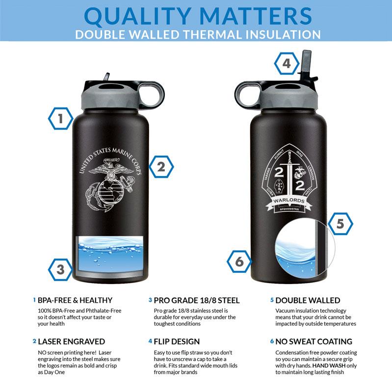 2nd Bn 2nd Marines Marines logo water bottle, 2nd Bn 2nd Marines Marines hydroflask, 2d Bn 2d Marines USMC, Marine Corp gift ideas, USMC Gifts for women flask