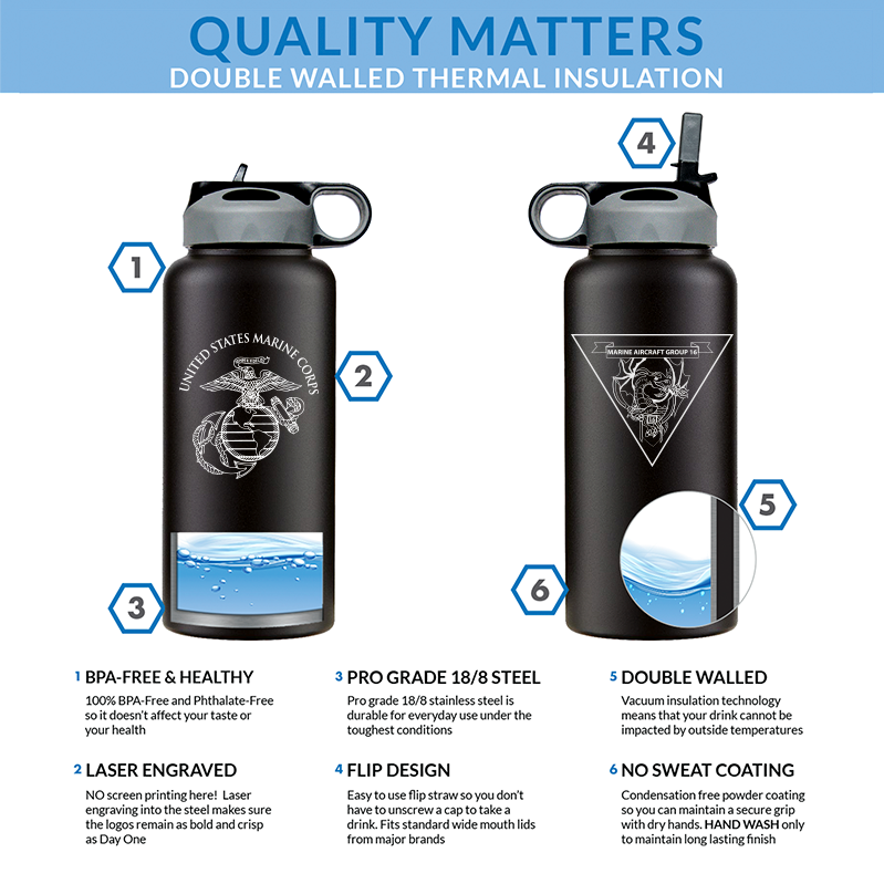 Marine Aircraft Group 16 Unit Logo water bottle, MAG-16 USMC Unit Logo hydroflask, MAG-16 USMC, Marine Corp gift ideas, USMC Gifts for men or women flask