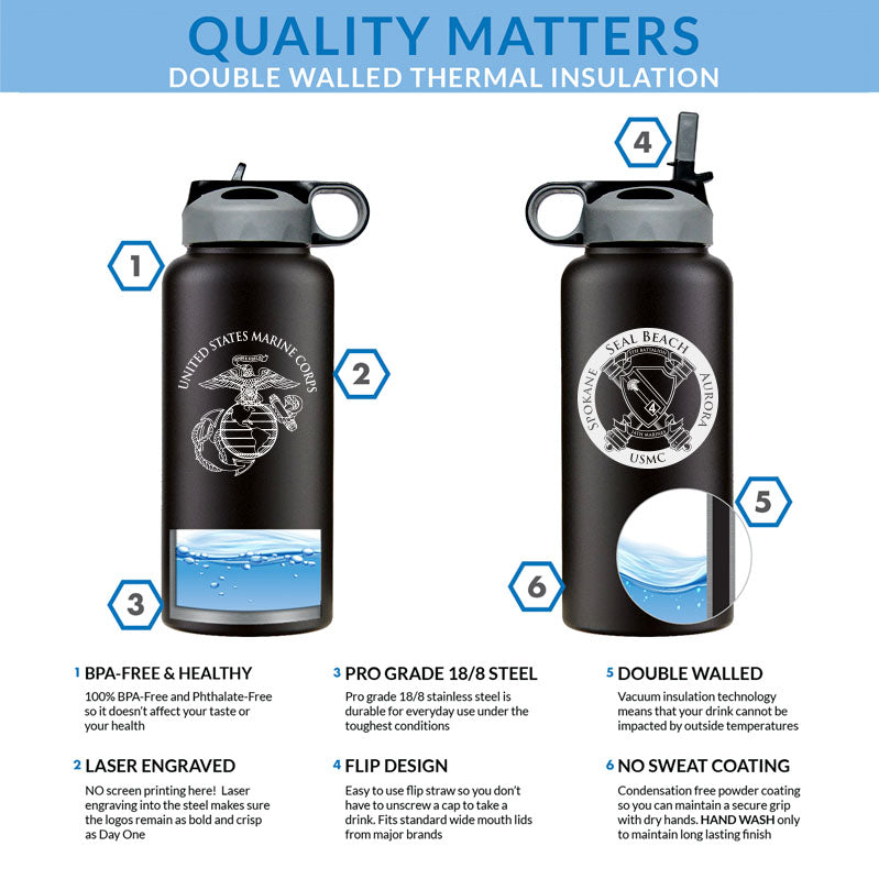 5th Battalion 14th Marines Unit Logo water bottle, 5/14 USMC Unit Logo hydroflask, 5thBn 14th Marines USMC, Marine Corp gift ideas, USMC Gifts for women or men flask, big USMC water bottle, Marine Corp water bottle