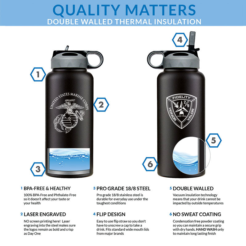 2nd Bn 9th Marines logo water bottle, 2dBn 9th Marines hydroflask, Second Battalion Ninth Marines USMC, Marine Corp gift ideas, USMC Gifts for women or men 32 Oz water bottle