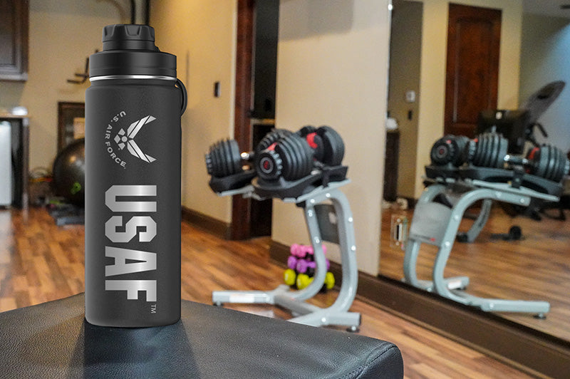 A matte black stainless steel water bottle with 'USAF' and an Air Force wings emblem in silver.