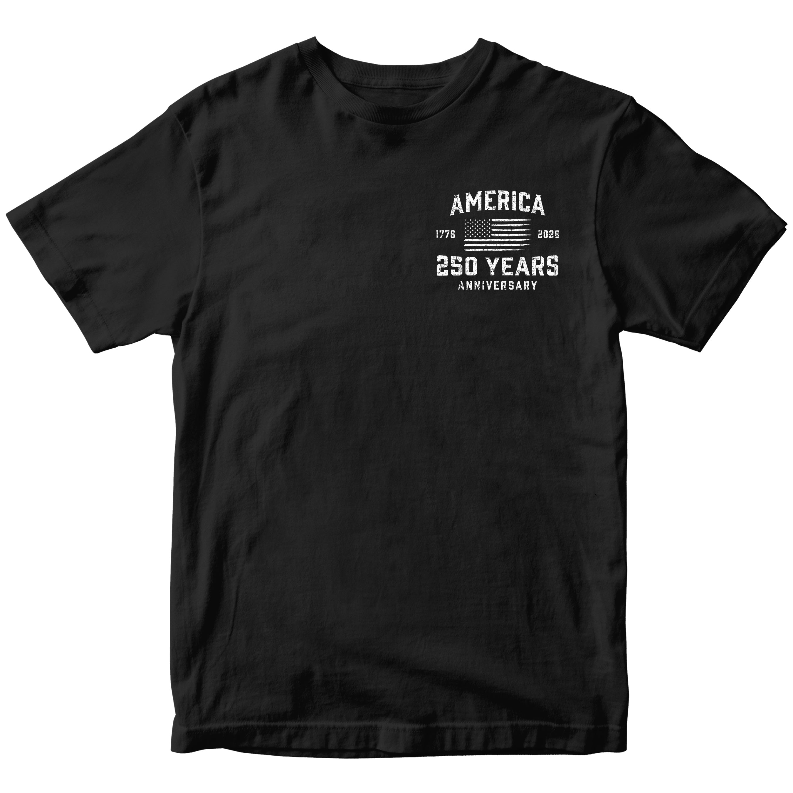 America 250 Years 1776 2026 T-shirt with American flag chest seal design. Patriotic black T-shirt celebrating 250 years of American independence