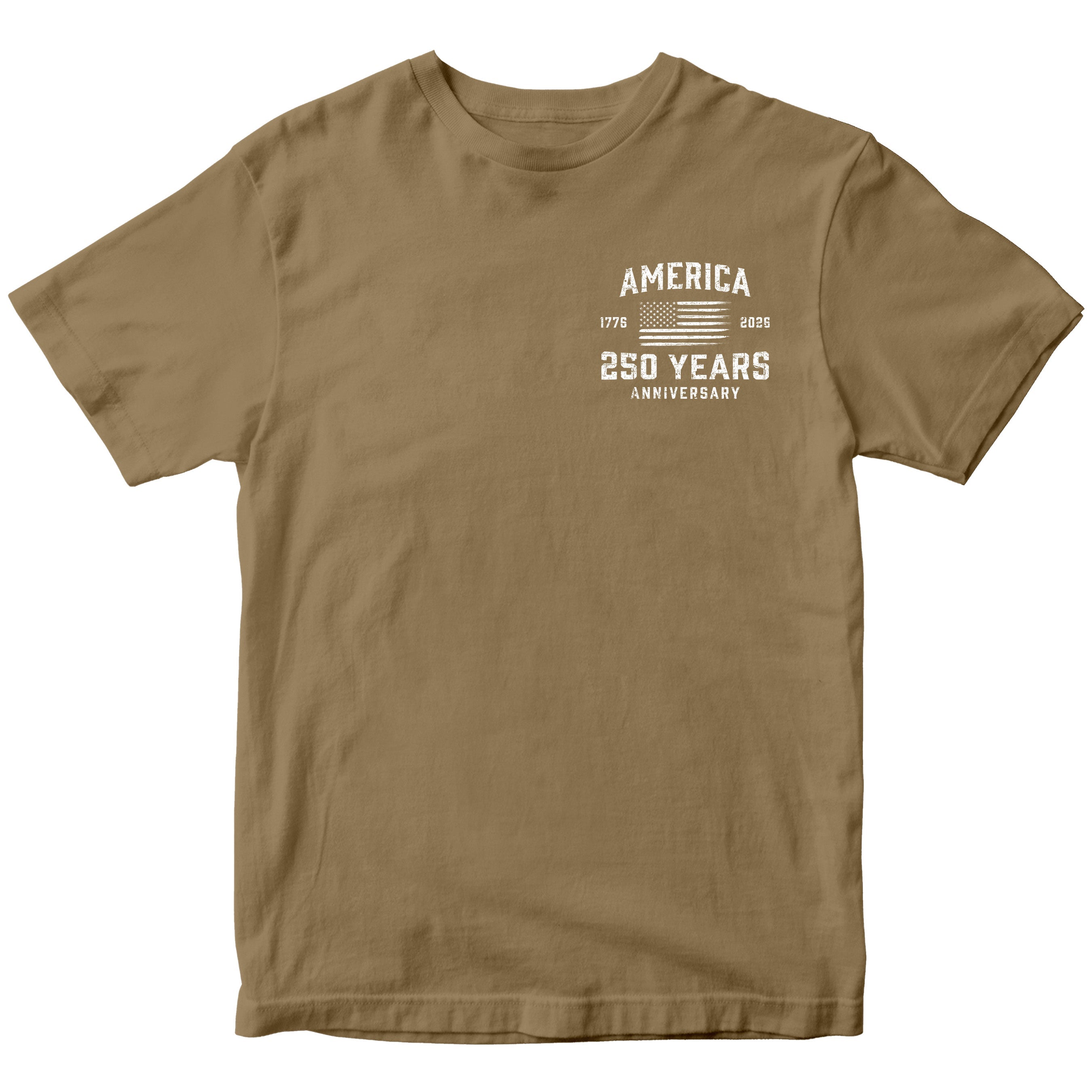 America 250 Years 1776 2026 T-shirt with American flag chest seal design. brown Patriotic T-shirt celebrating 250 years of American independence