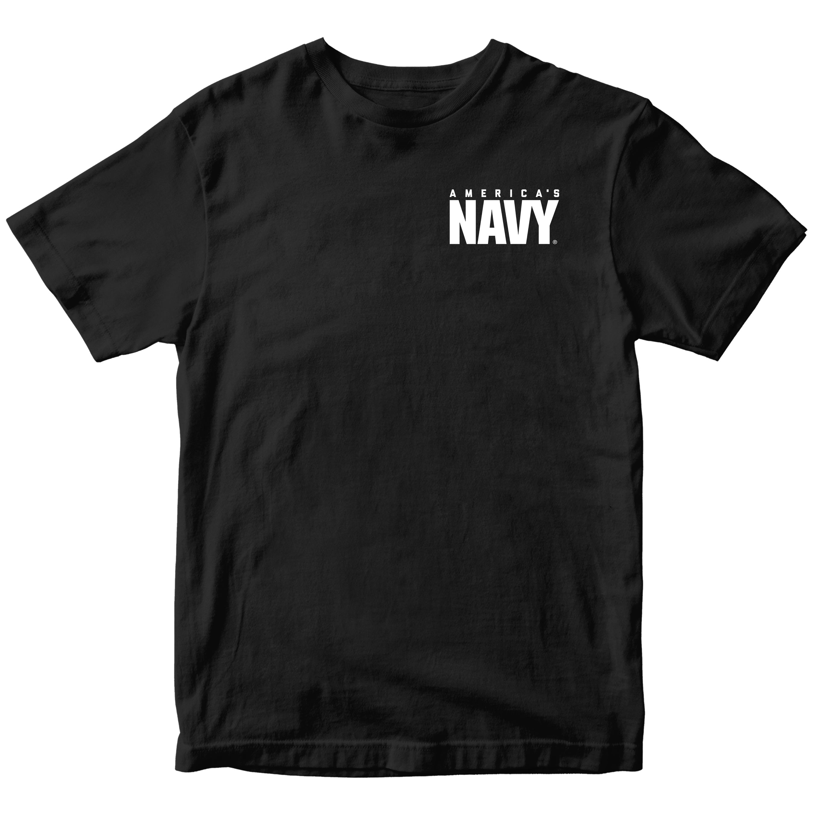 black short-sleeve tee featuring a small white “America’s” wordmark above a bold “NAVY®” logo printed on the left chest.