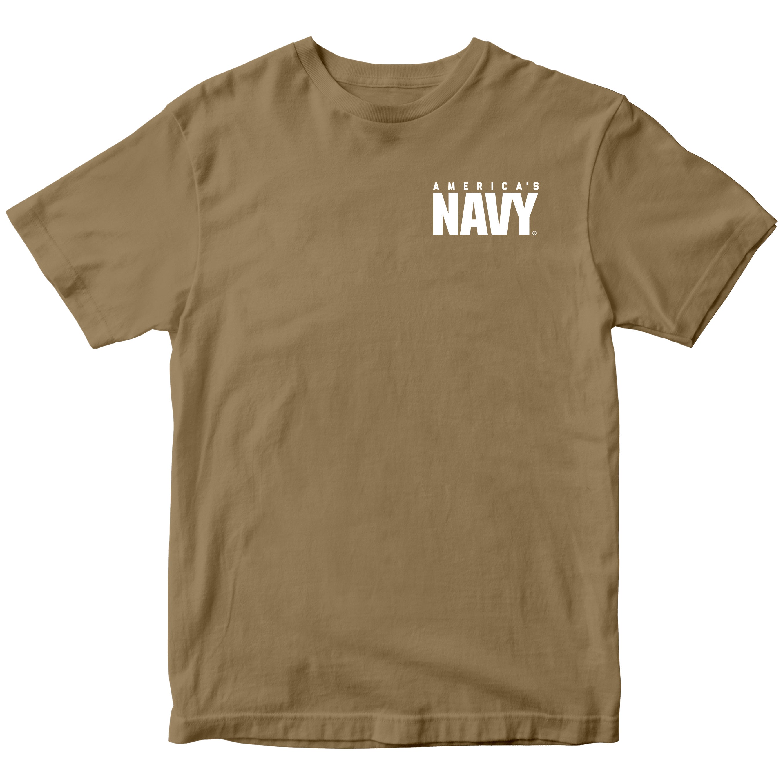 Brown short-sleeve tee featuring a small white “America’s” wordmark above a bold “NAVY®” logo printed on the left chest.
