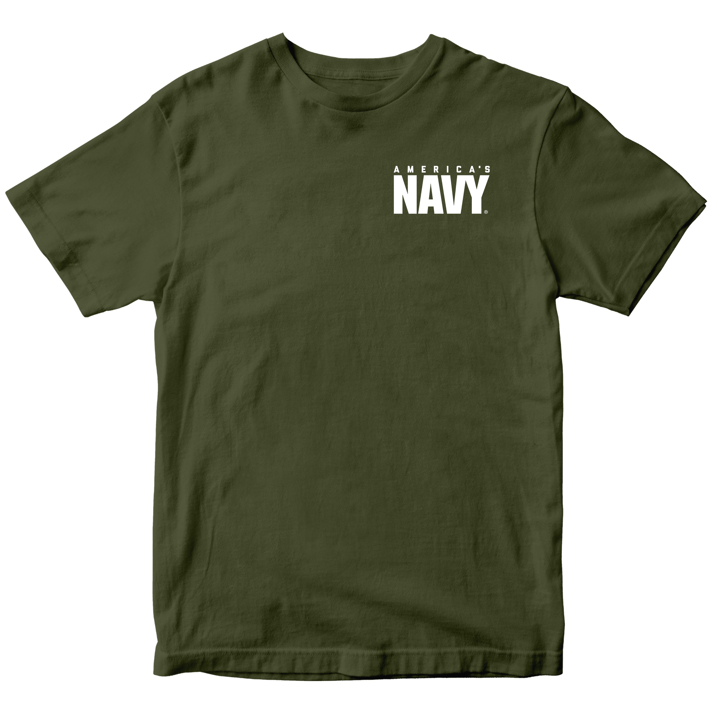 Green short-sleeve tee featuring a small white “America’s” wordmark above a bold “NAVY®” logo printed on the left chest.