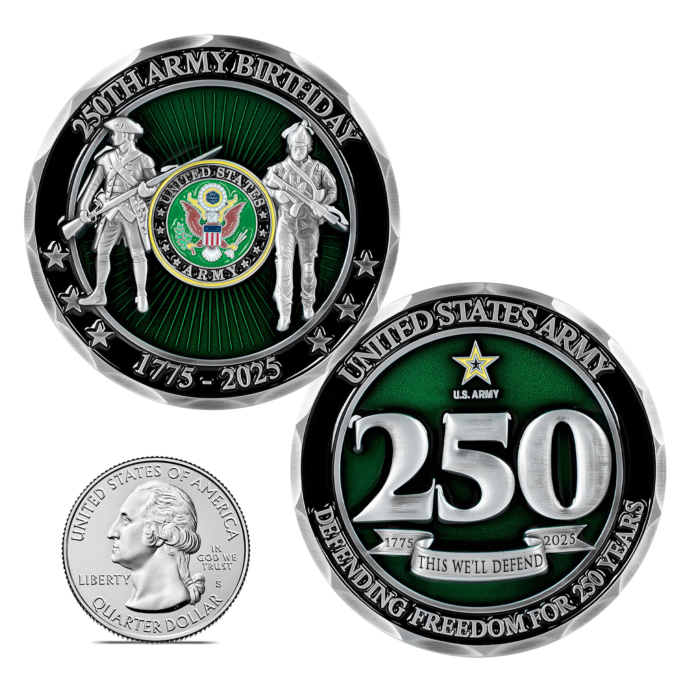 Two sides of a United States Army 250th Birthday coin on a white background