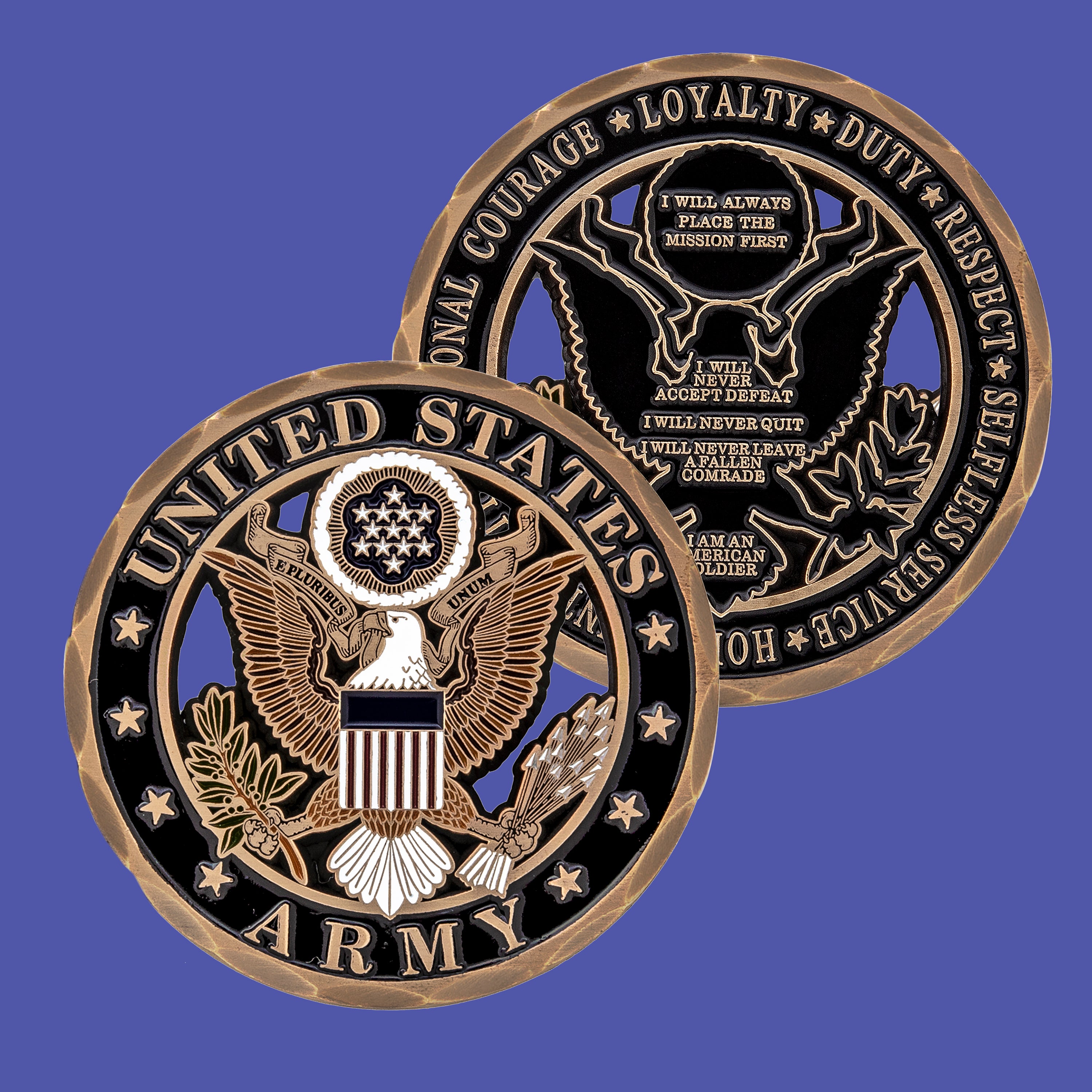 United States Army values coin on a blue background
