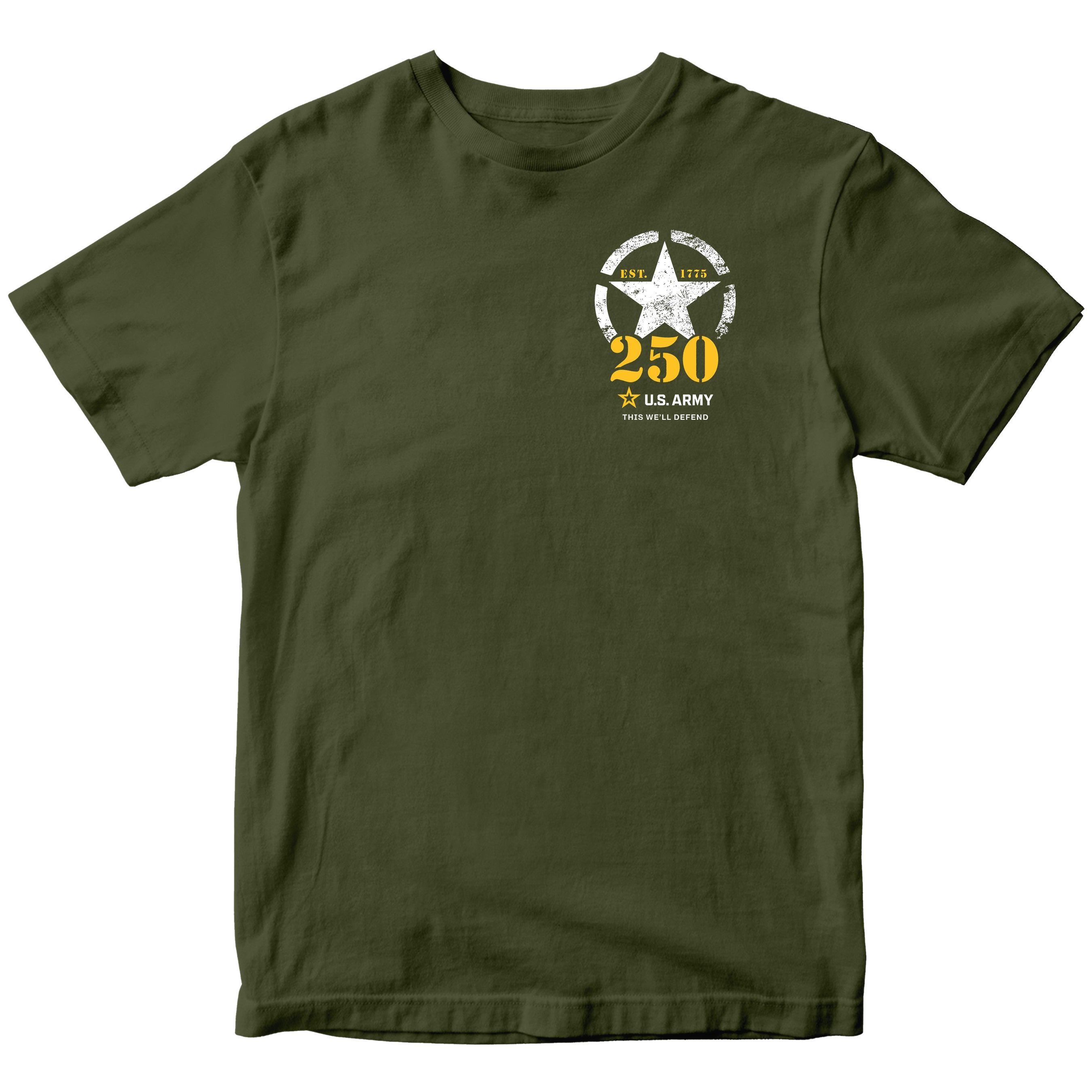 U.S. Army 250th Birthday t-shirt featuring a front left chest graphic with a distressed white star, 'EST. 1775', bold yellow '250', and the U.S. Army logo with the phrase 'This We'll Defend'