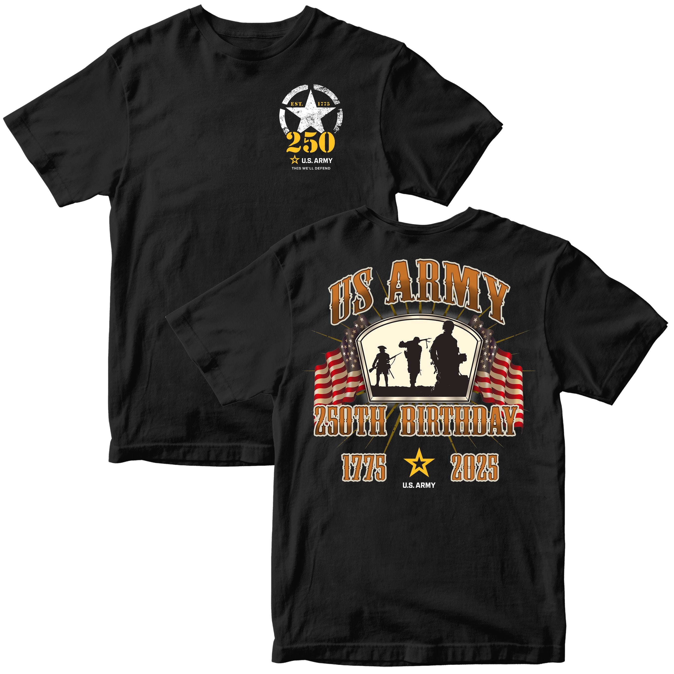 U.S. Army 250th Birthday t-shirt featuring a front chest graphic with a distressed Army star and '250' text, and a back design showing soldier silhouettes, American flags, and the text 'US Army 250th Birthday 1775–2025' in bold lettering