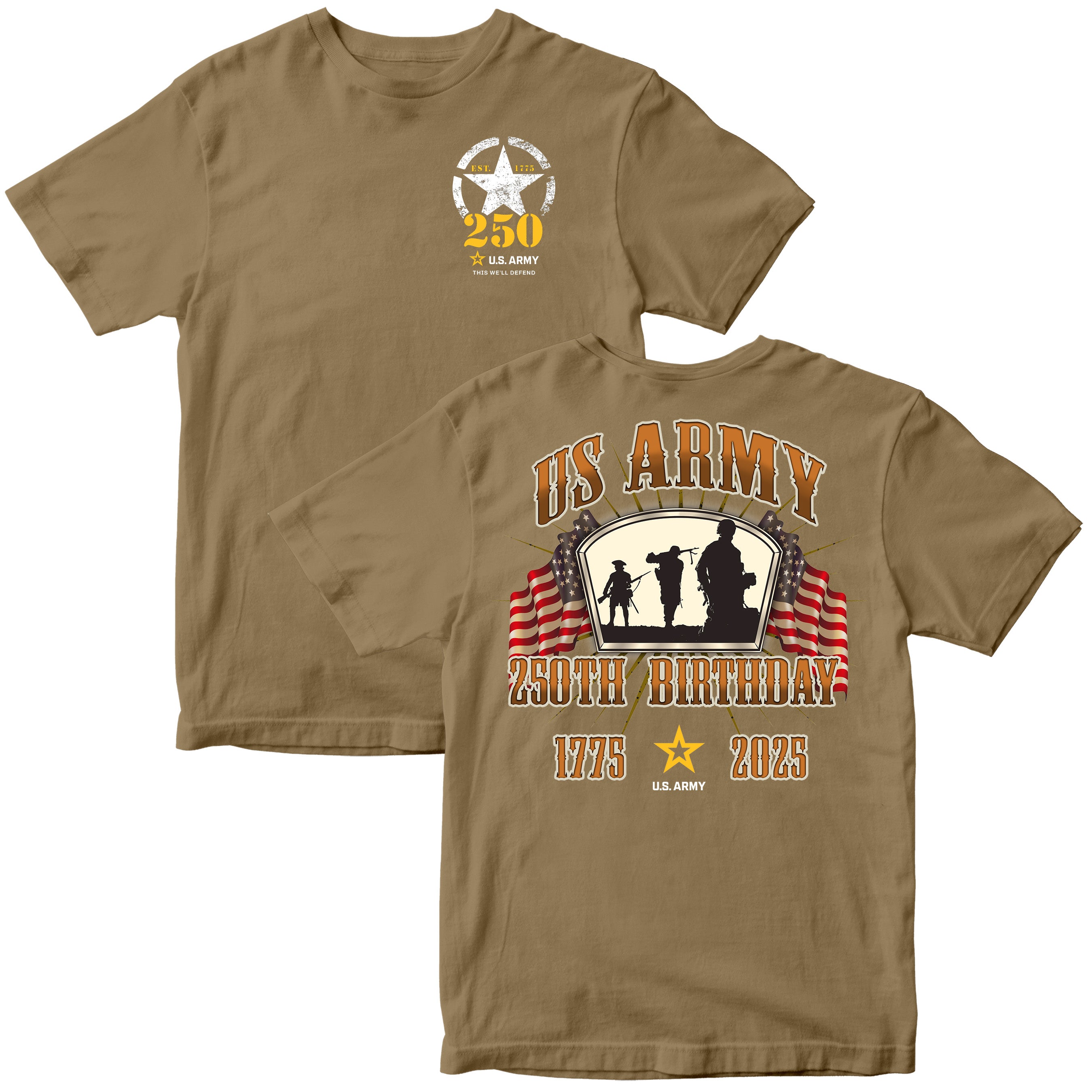 U.S. Army 250th Birthday t-shirt featuring a front chest graphic with a distressed Army star and '250' text, and a back design showing soldier silhouettes, American flags, and the text 'US Army 250th Birthday 1775–2025' in bold lettering