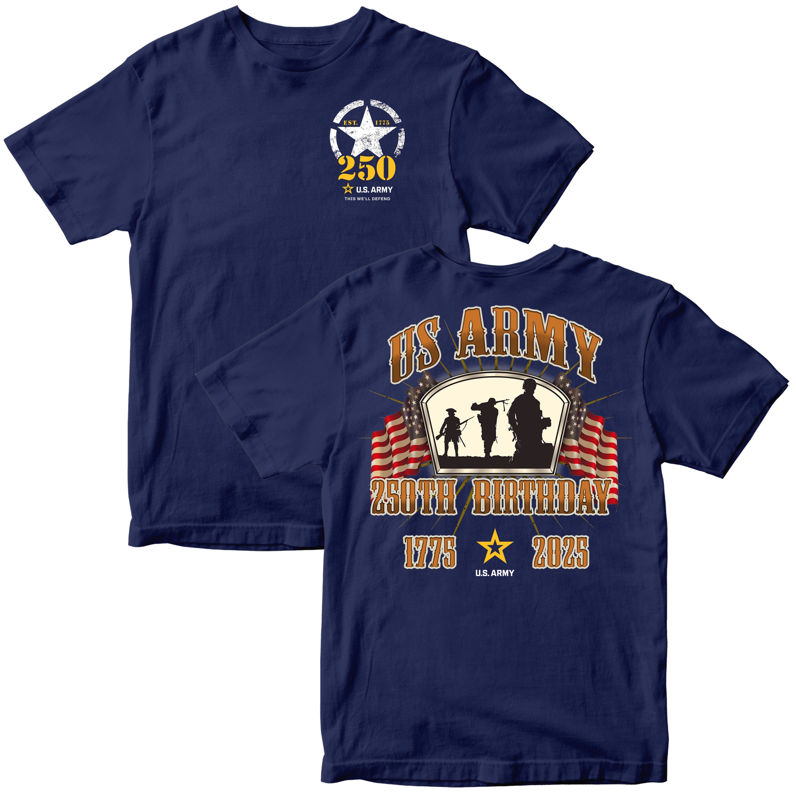U.S. Army 250th Birthday t-shirt featuring a front chest graphic with a distressed Army star and '250' text, and a back design showing soldier silhouettes, American flags, and the text 'US Army 250th Birthday 1775–2025' in bold lettering