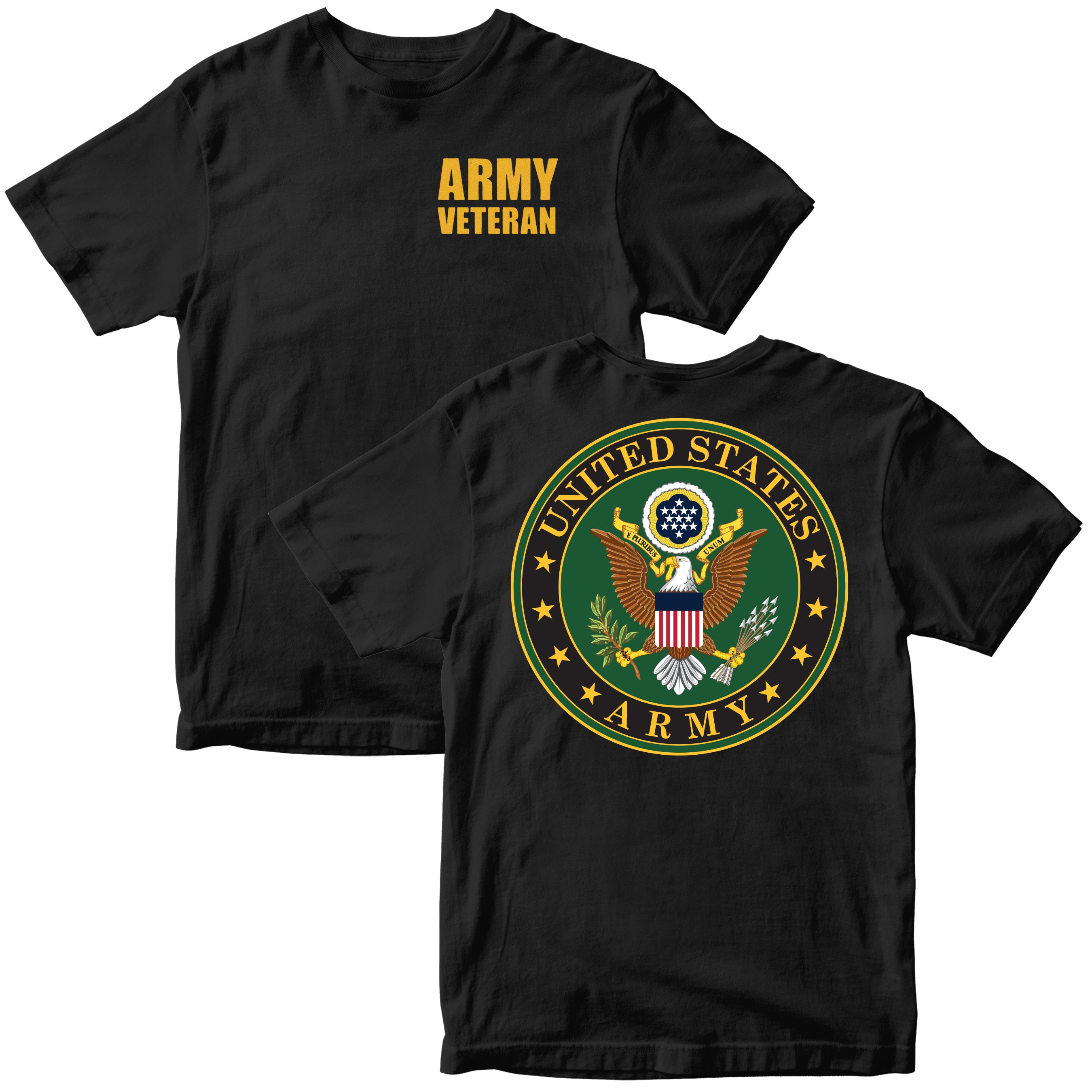 Black t-shirt with 'Army Veteran' text on the front and U.S. Army emblem on the back.