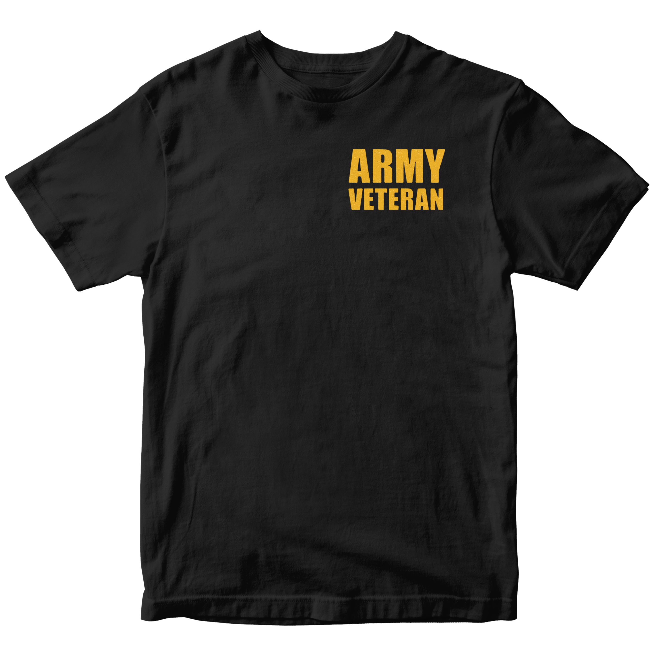 Black t-shirt with 'ARMY VETERAN' text in yellow