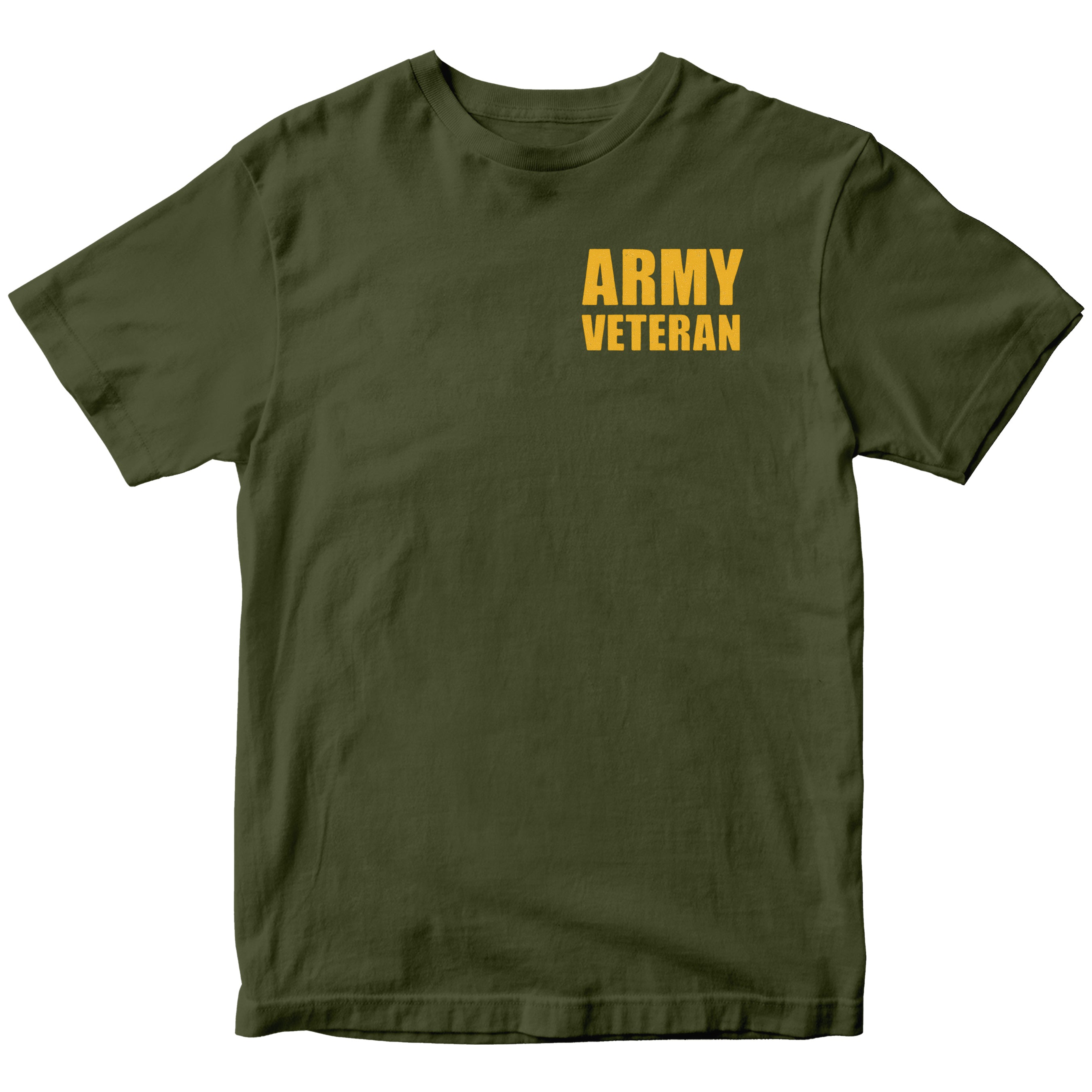 Green t-shirt with 'ARMY VETERAN' text in yellow