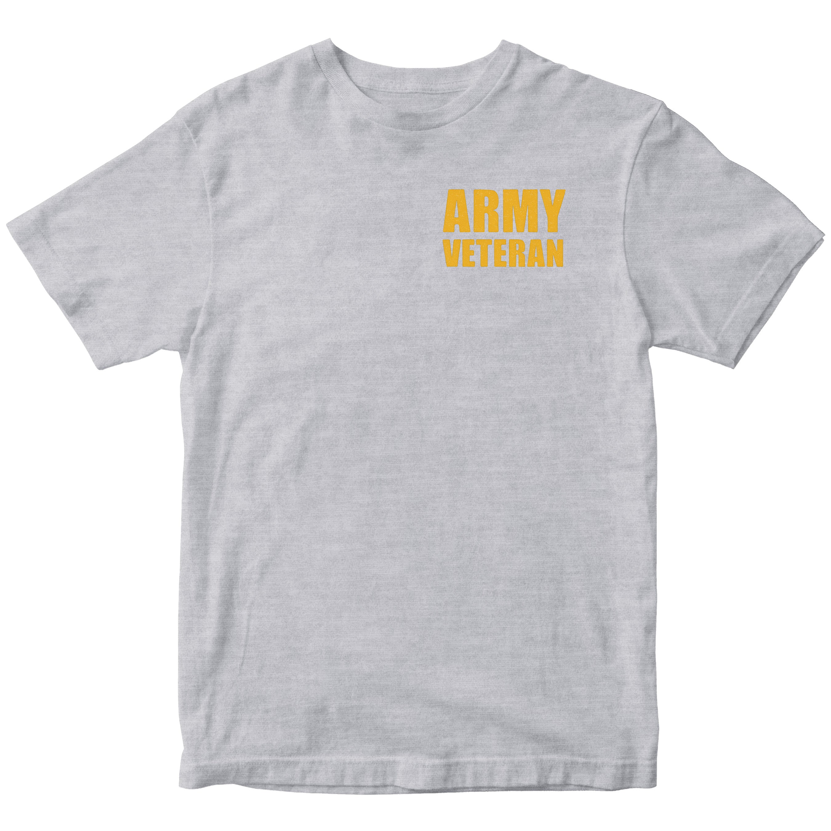Gray t-shirt with 'ARMY VETERAN' text in yellow