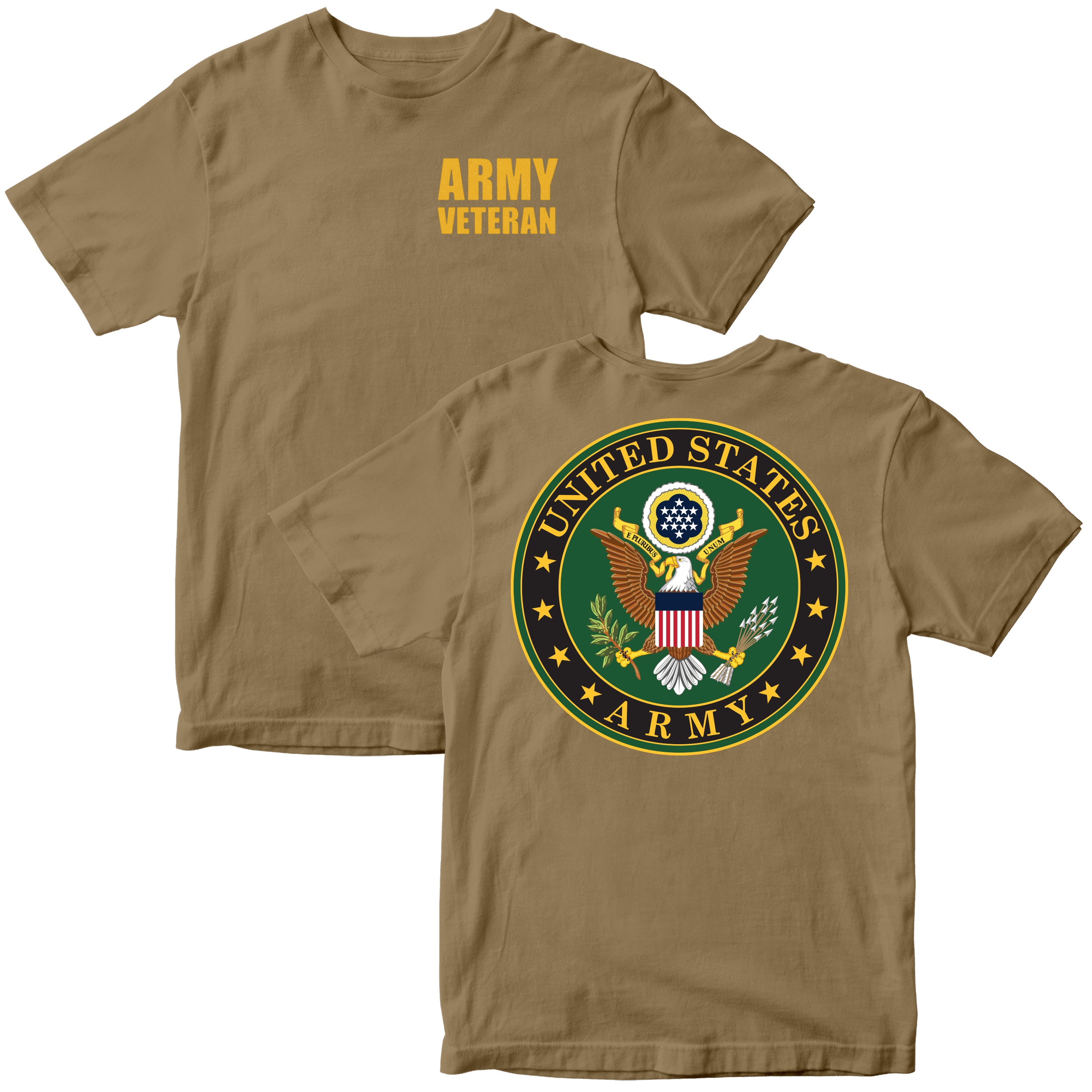 Brown t-shirt with 'Army Veteran' text on the front and U.S. Army emblem on the back.