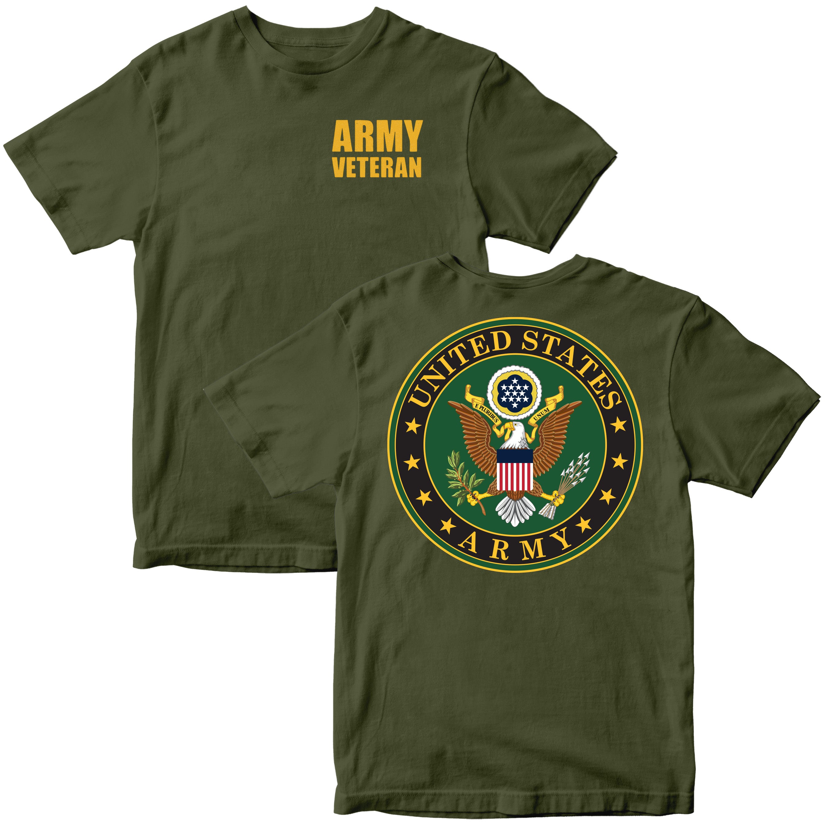 Green t-shirt with 'Army Veteran' text on the front and U.S. Army emblem on the back.