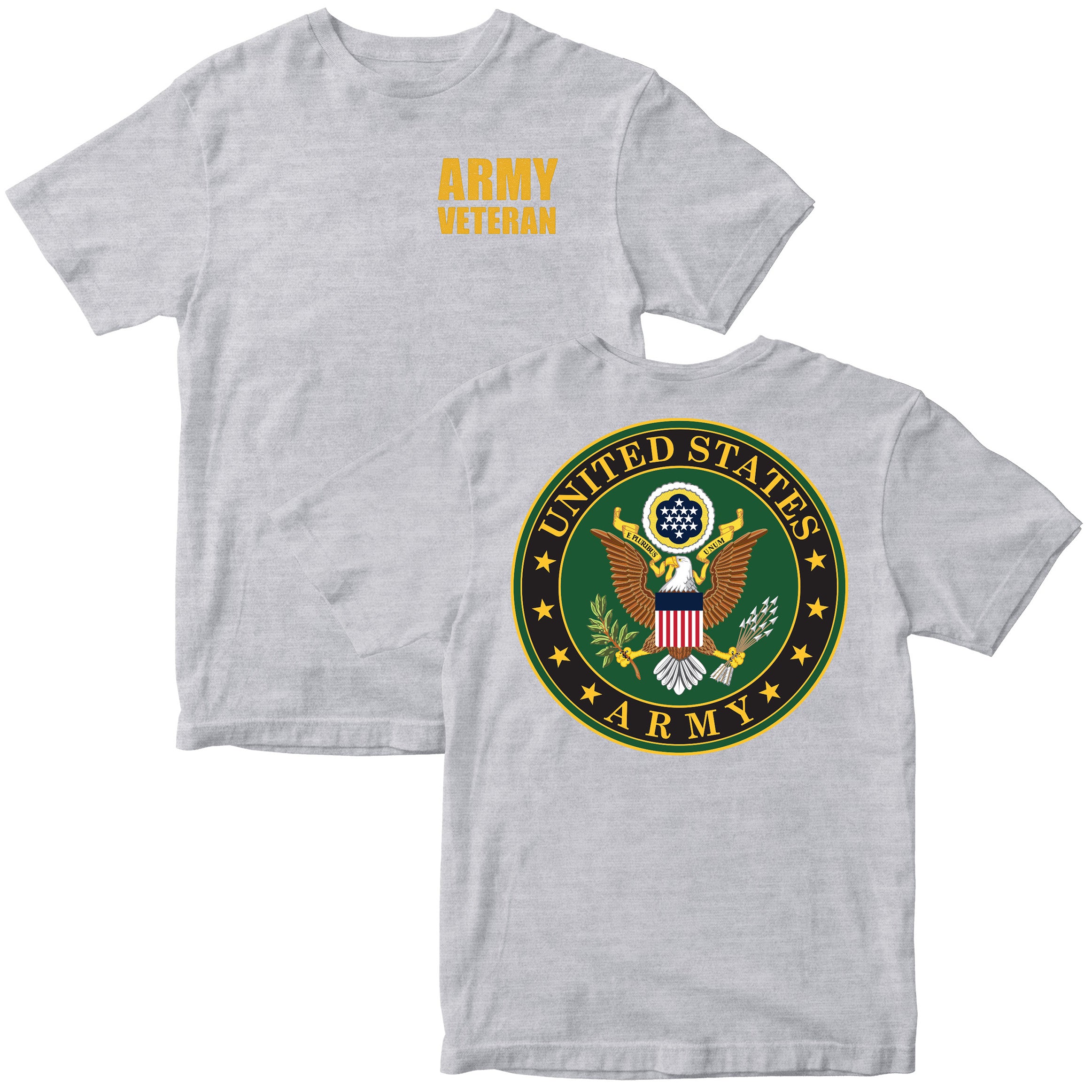 Gray t-shirt with 'Army Veteran' text on the front and U.S. Army emblem on the back.