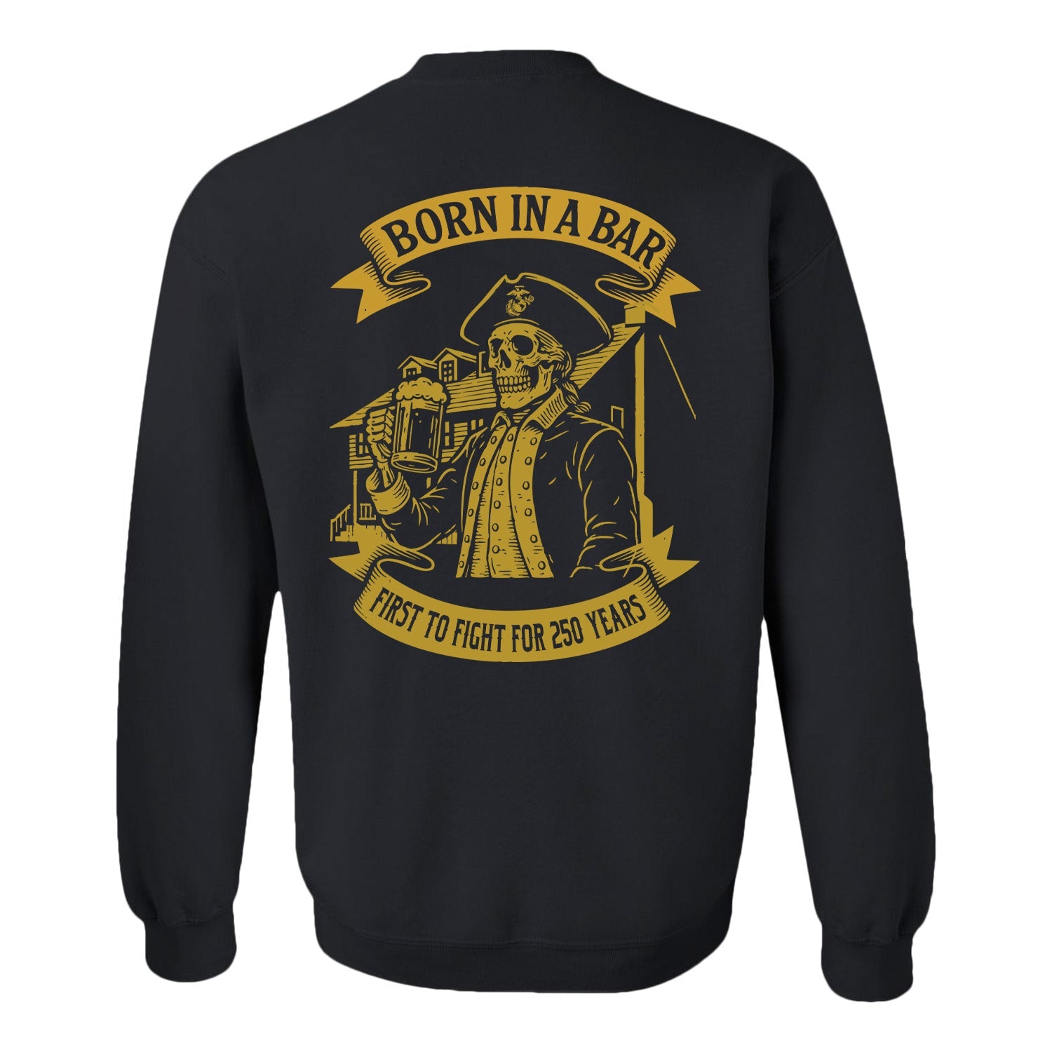 Black sweatshirt with gold USMC graphics and text on a white Tun Tavern USMC 250th birthday