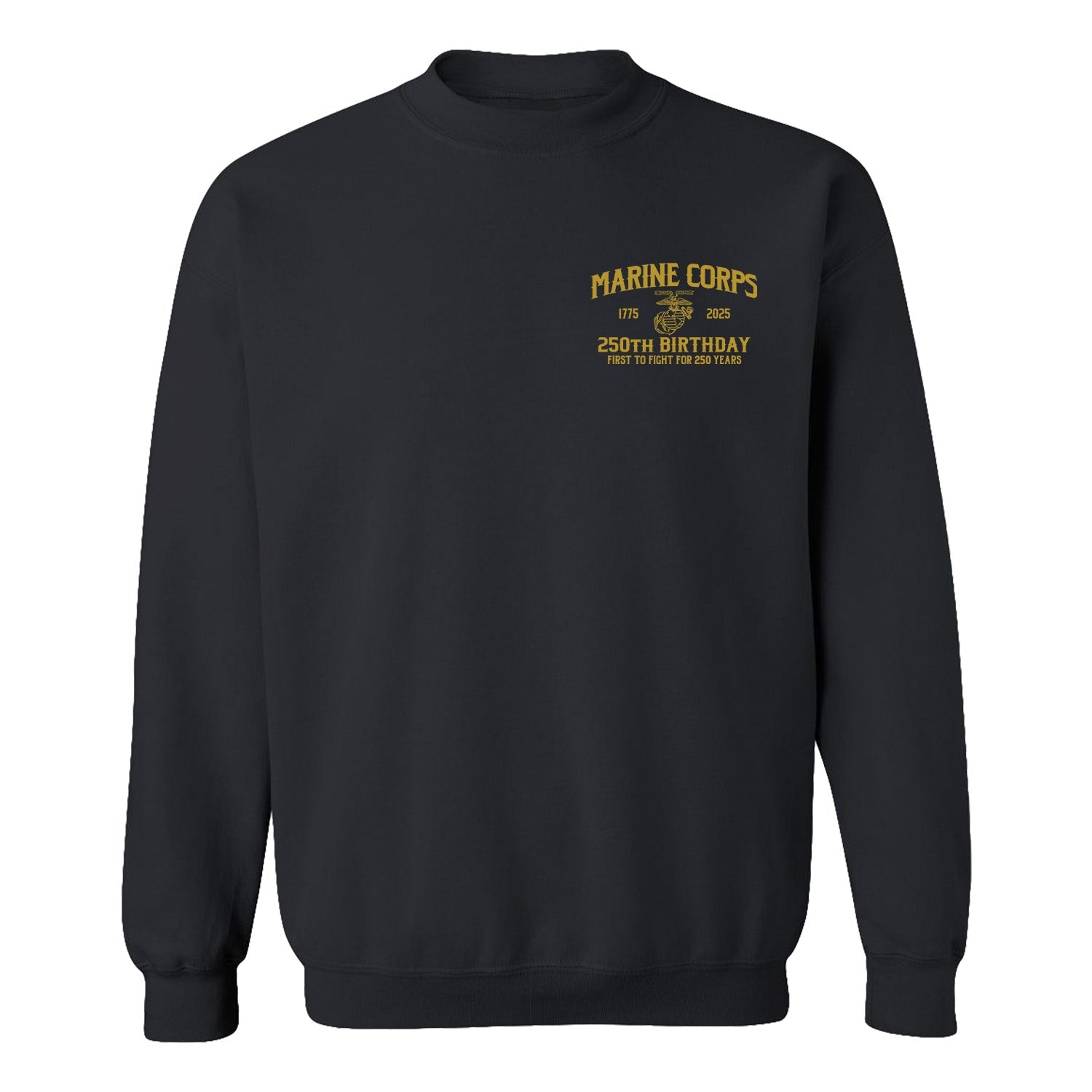 Black sweatshirt with gold USMC graphics and text on a white Tun Tavern USMC 250th birthday