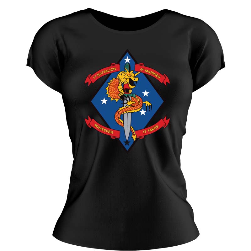 First Battalion Fourth Marines USMC Unit ladie's T-Shirt, 1/4 USMC Unit logo, USMC gift ideas for women, Marine Corp gifts for women 1st Battalion 4th Marines