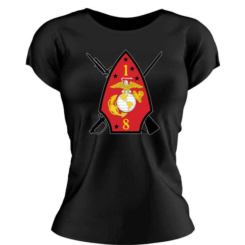 1stBn 8th Marines women's shirt, 1stBn 8th Marines ladies apparel logo 1/8 usmc logo