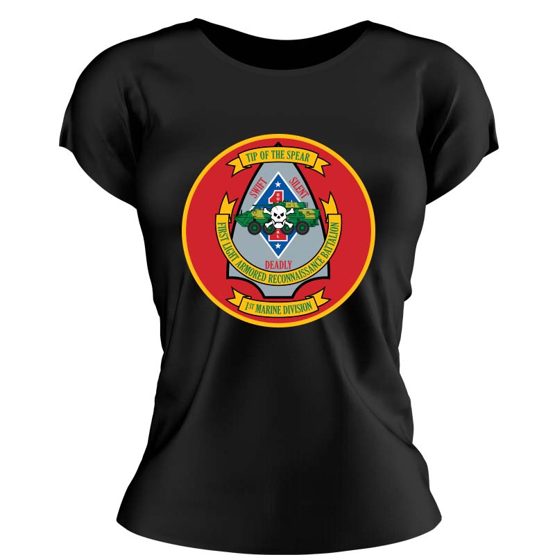 1st Light Armored Reconnaissance Battalion USMC Unit ladie's T-Shirt, 1st Light Armored Reconnaissance Bn logo, USMC gift ideas for women, Marine Corp gifts for women 1st Light Armored Reconnaissance Bn