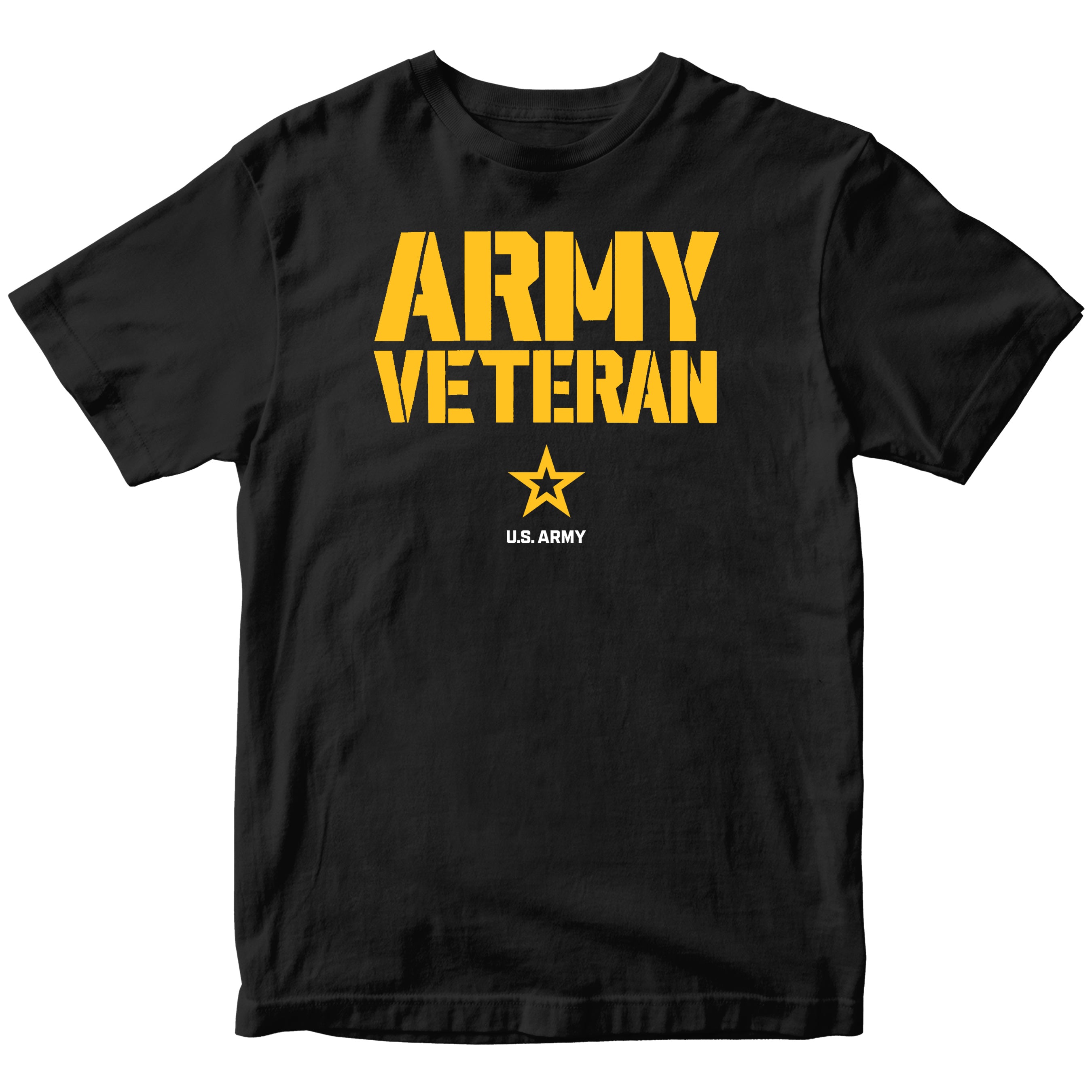 Black T-shirt featuring bold yellow stencil-style ‘ARMY VETERAN’ text across the chest, with a yellow star insignia and ‘U.S. ARMY’ printed below.