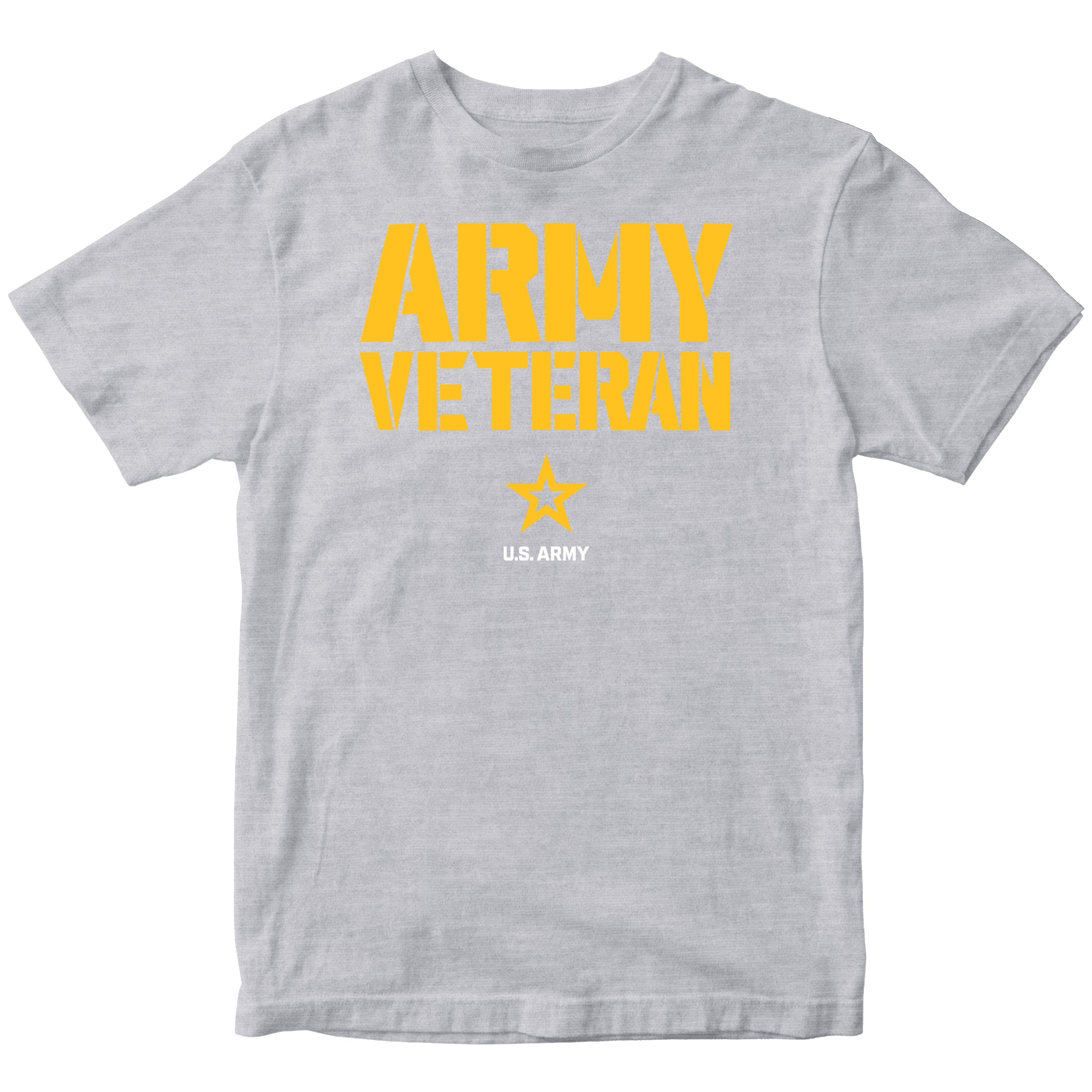 Gray T-shirt featuring bold yellow stencil-style ‘ARMY VETERAN’ text across the chest, with a yellow star insignia and ‘U.S. ARMY’ printed below.