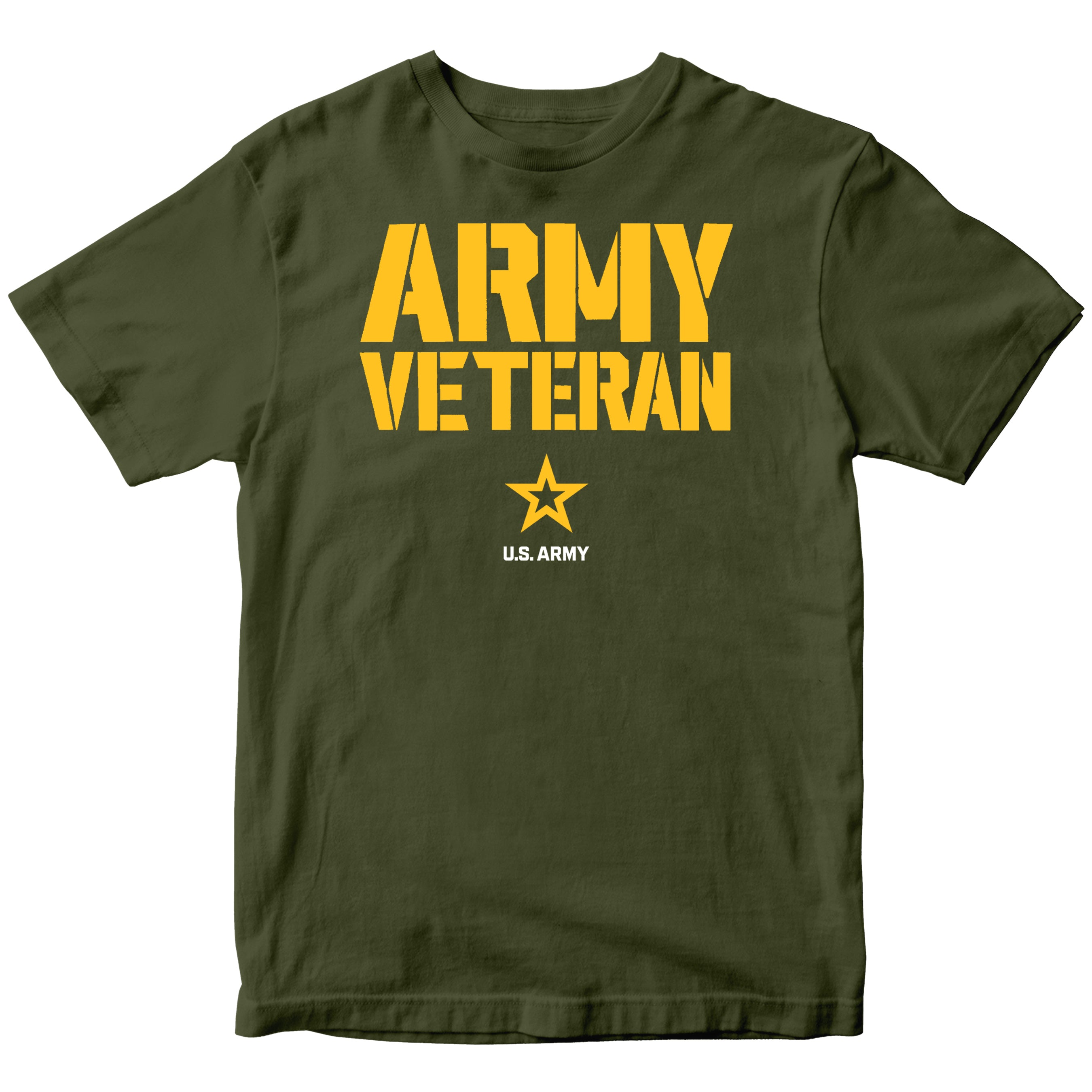 Green T-shirt featuring bold yellow stencil-style ‘ARMY VETERAN’ text across the chest, with a yellow star insignia and ‘U.S. ARMY’ printed below.