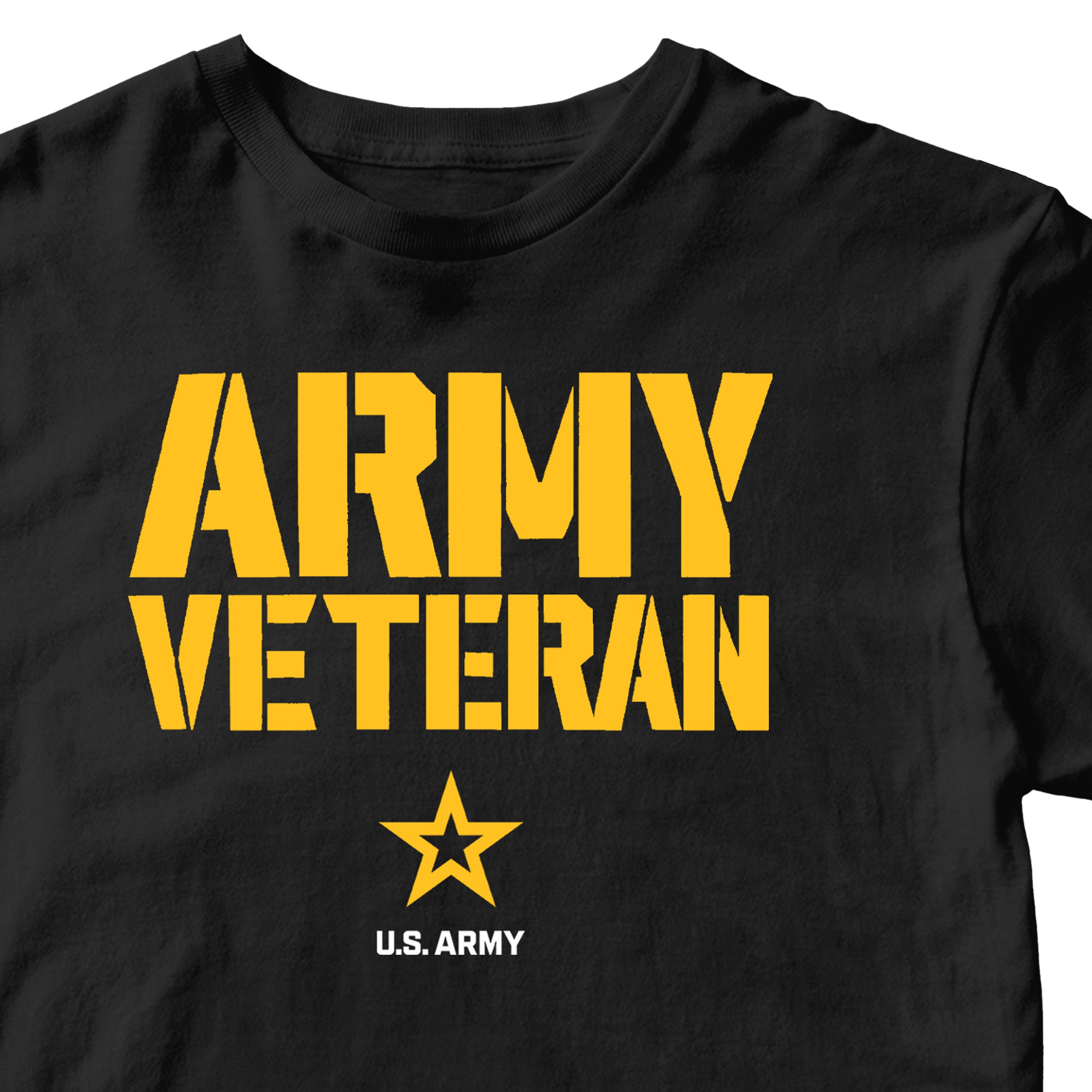 Black T-shirt featuring bold yellow stencil-style ‘ARMY VETERAN’ text across the chest, with a yellow star insignia and ‘U.S. ARMY’ printed below.