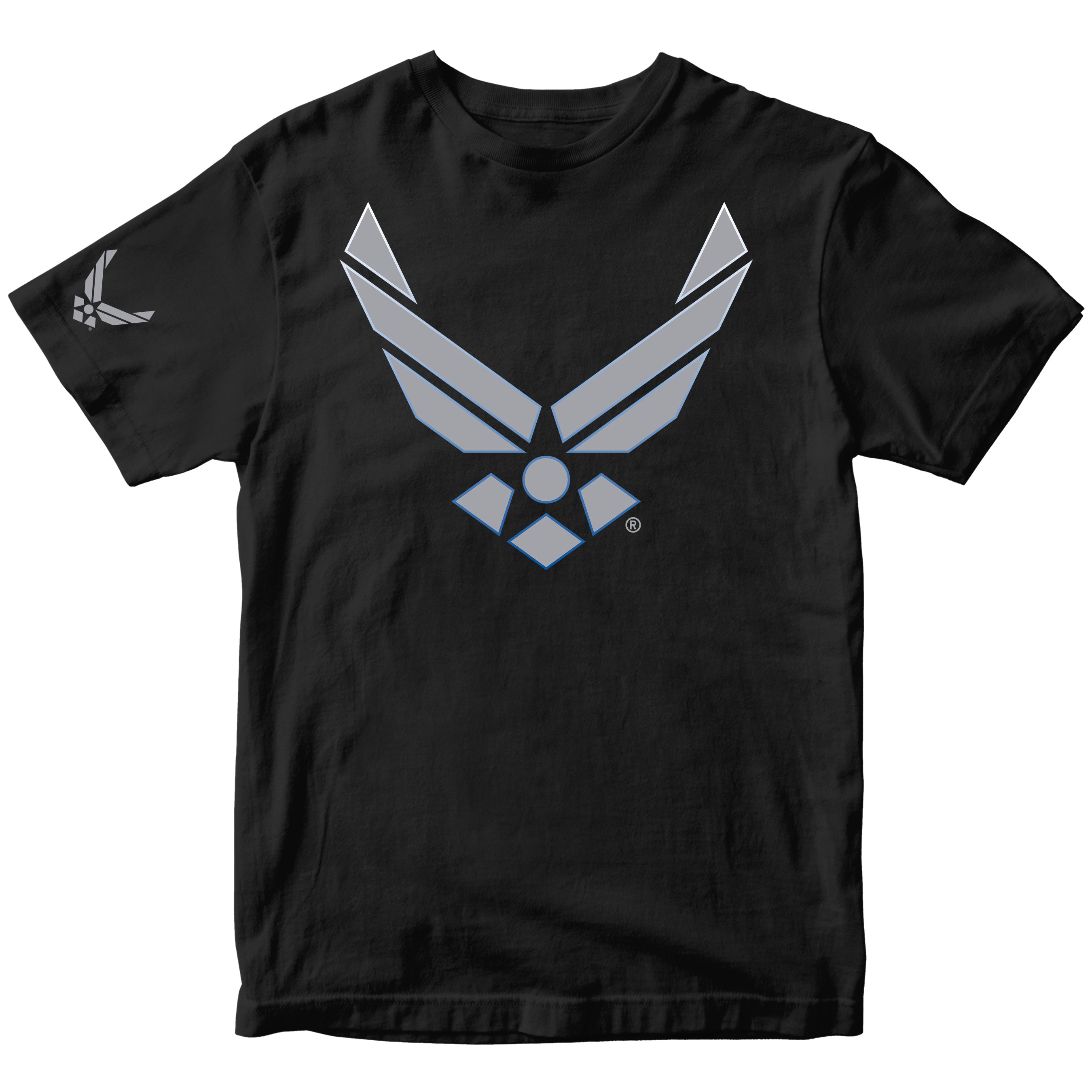 Black Air Force t-shirt with a gray air force logo. U.S. Air Force Wings T-shirt featuring wings logo with gradient stroke design