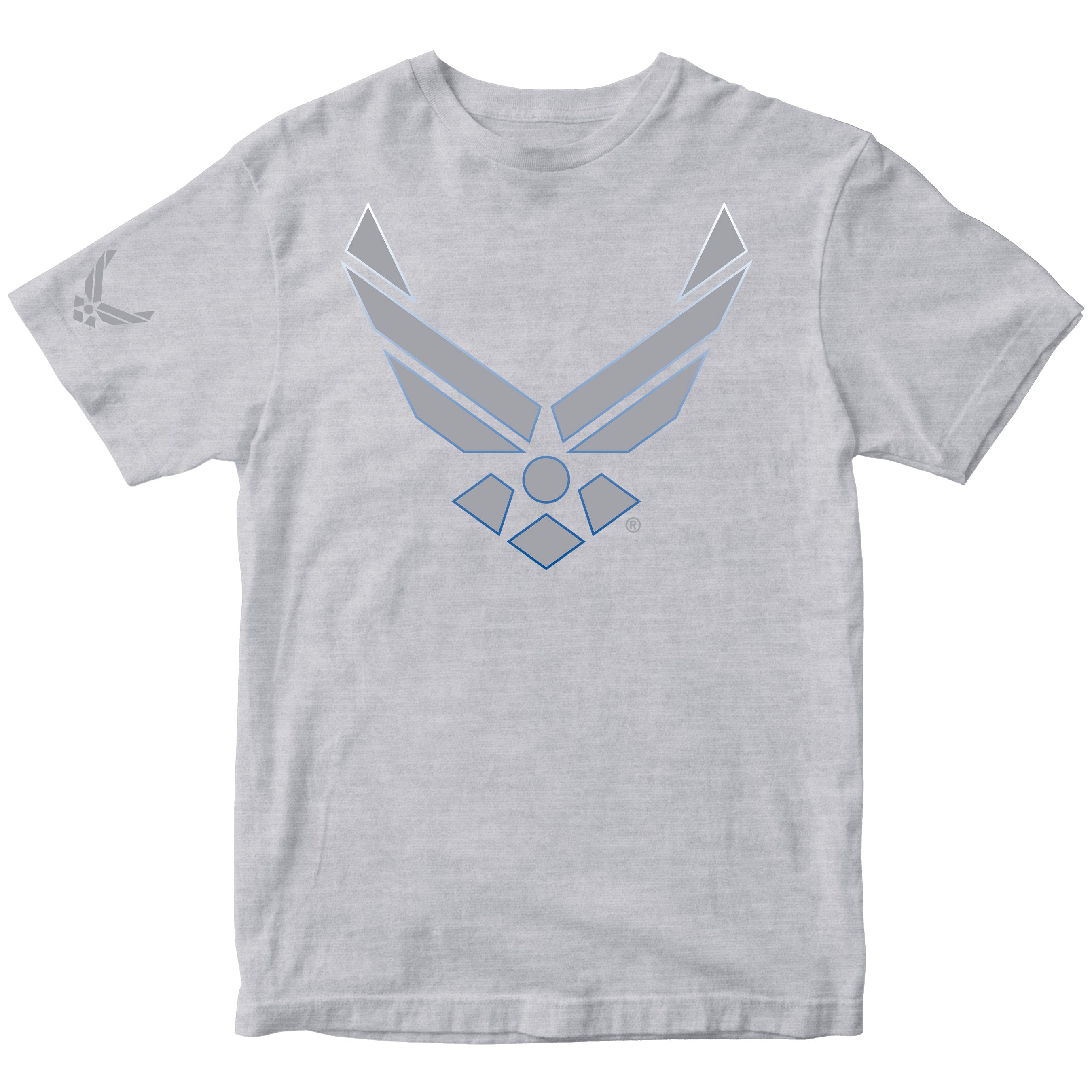 Gray Air Force t-shirt with a gray air force logo. U.S. Air Force Wings T-shirt featuring wings logo with gradient stroke design.