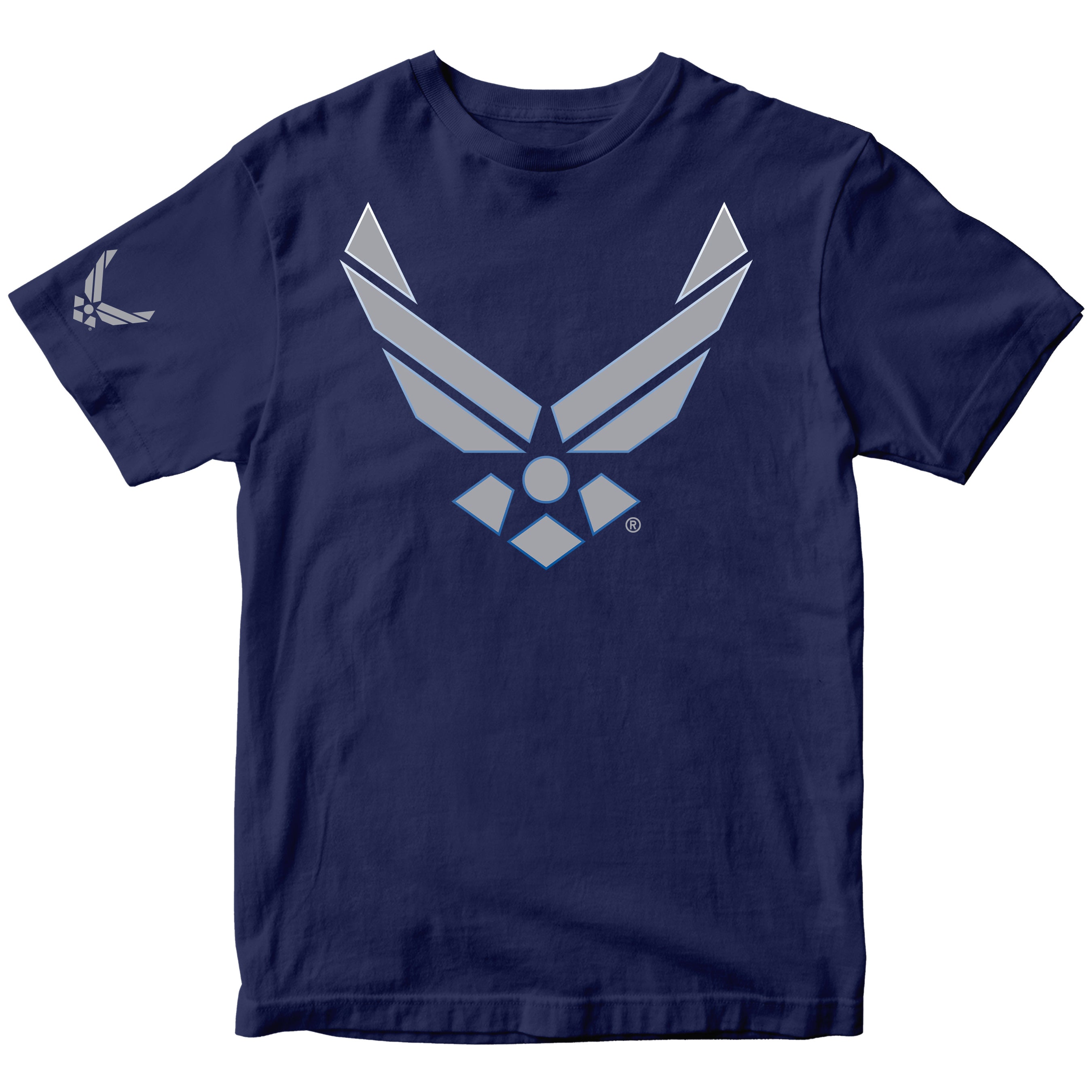 Navy blue t-shirt with a gray air force logo. Navy U.S. Air Force Wings T-shirt featuring wings logo with gradient stroke design