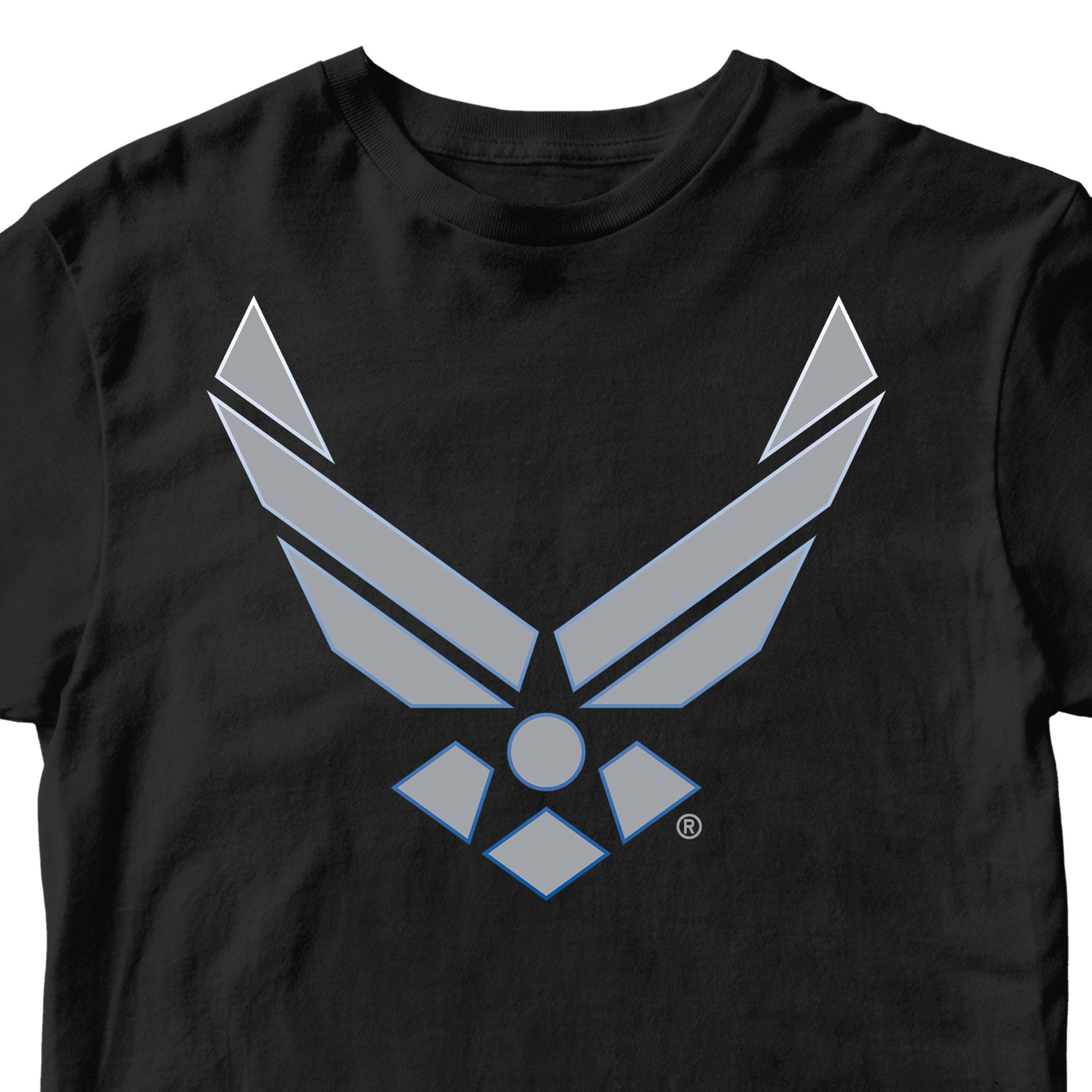 black Air Force t-shirt with a gray air force logo. Navy U.S. Air Force Wings T-shirt featuring wings logo with gradient stroke design