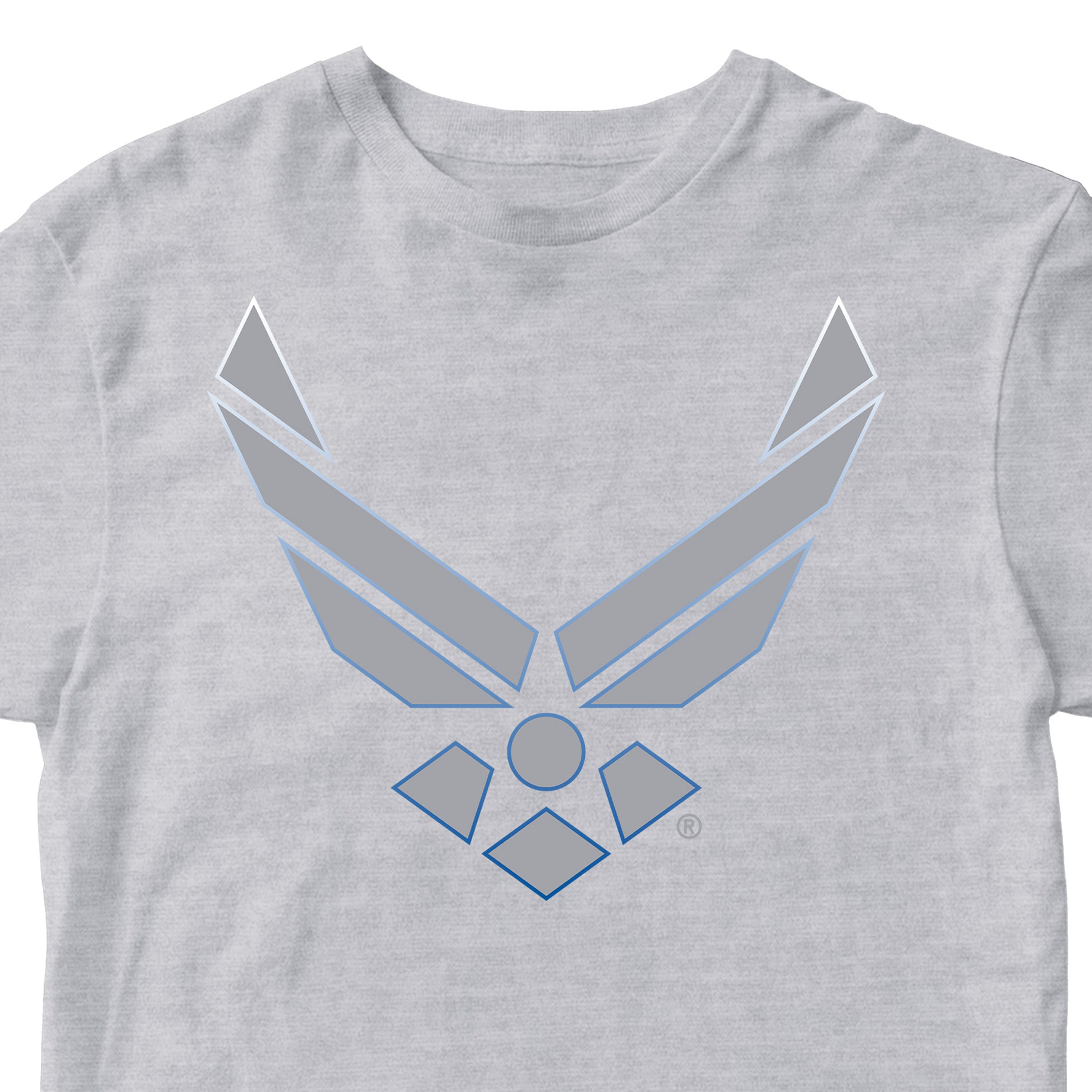 Gray Air Force t-shirt with a gray air force logo. U.S. Air Force Wings T-shirt featuring wings logo with gradient stroke design