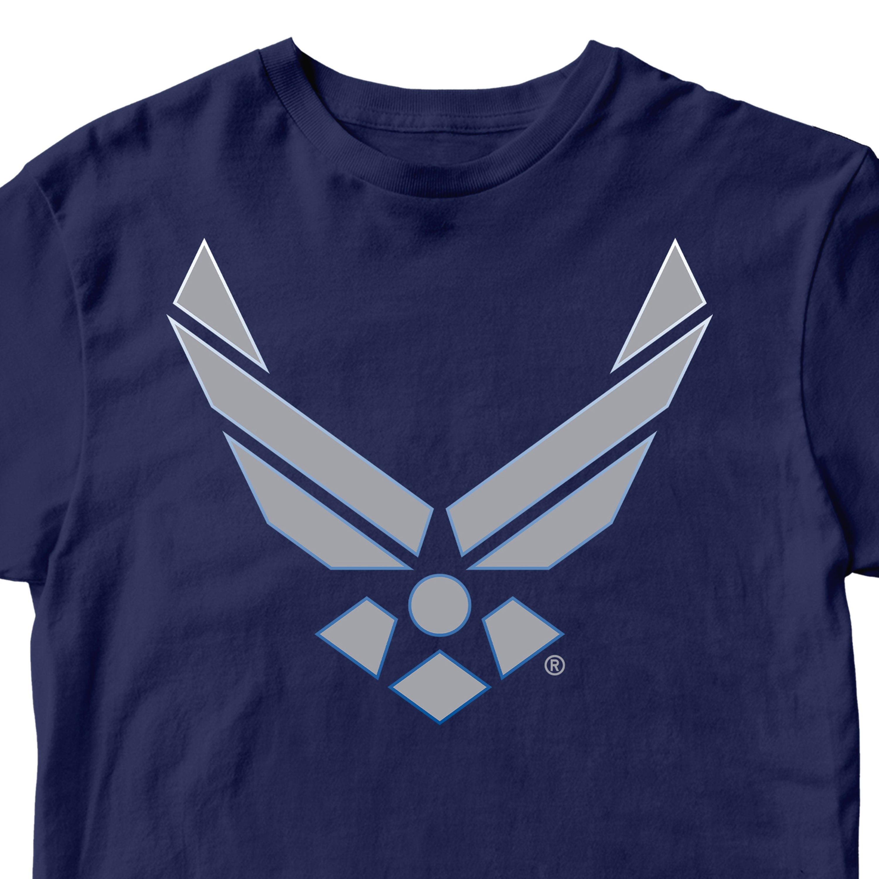 Navy blue t-shirt with a gray air force logo. Navy U.S. Air Force Wings T-shirt featuring wings logo with gradient stroke design