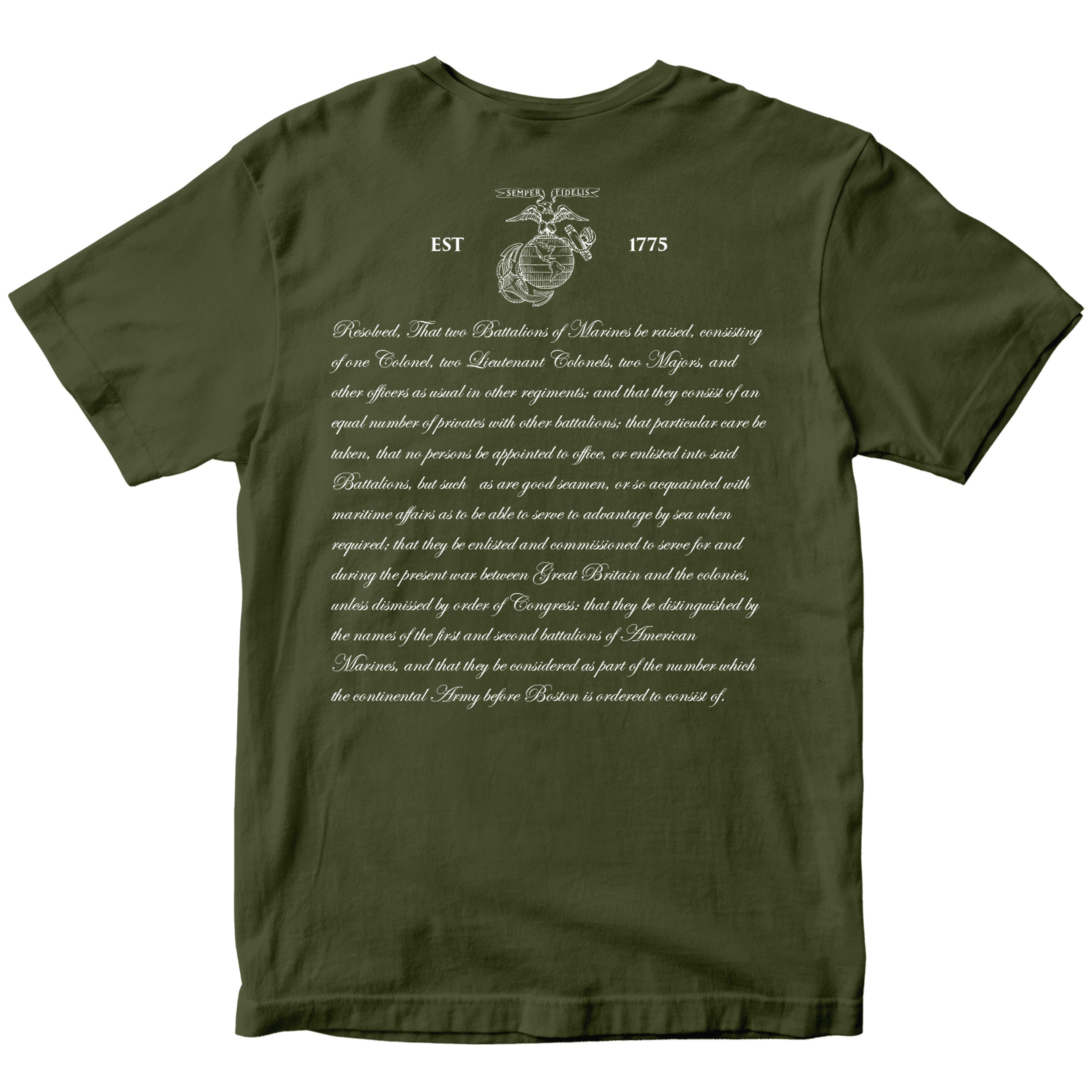 Marine Corps 250th Anniversary shirt back print with historic Continental Marines Act and Eagle, Globe, and Anchor
