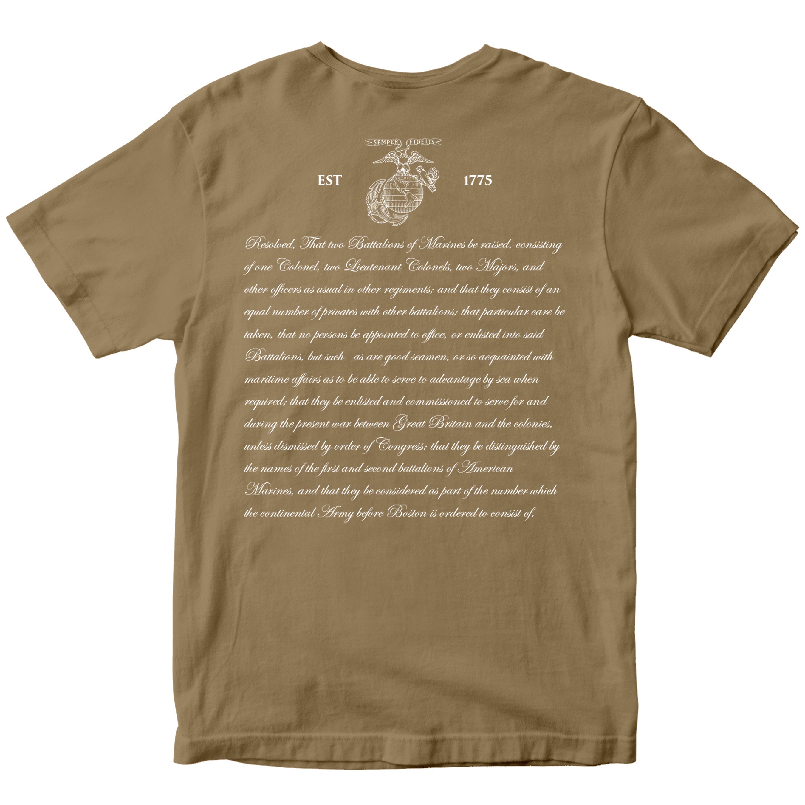 Marine Corps 250th Anniversary shirt back print with historic Continental Marines Act and Eagle, Globe, and Anchor