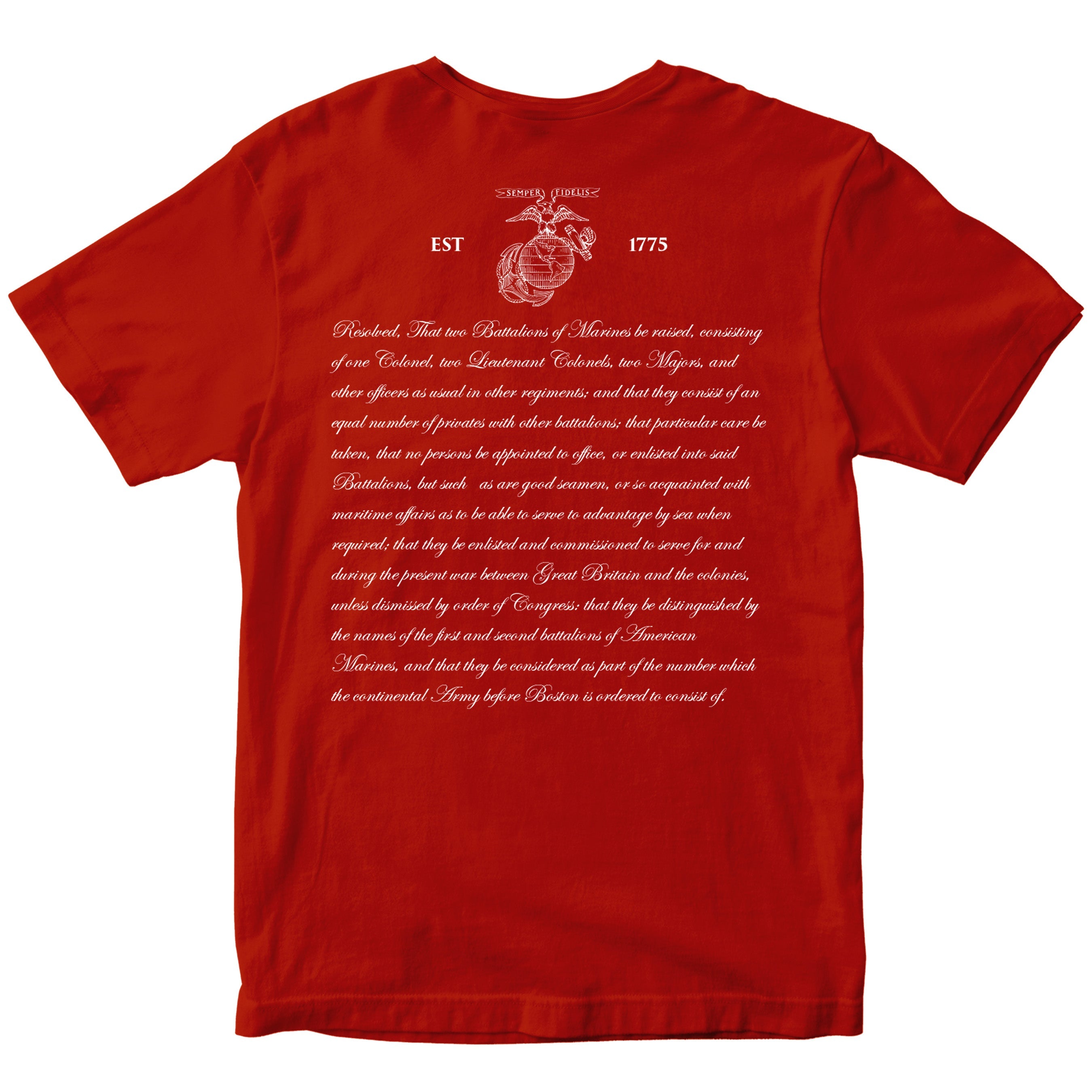 Marine Corps 250th Anniversary shirt back print with historic Continental Marines Act and Eagle, Globe, and Anchor