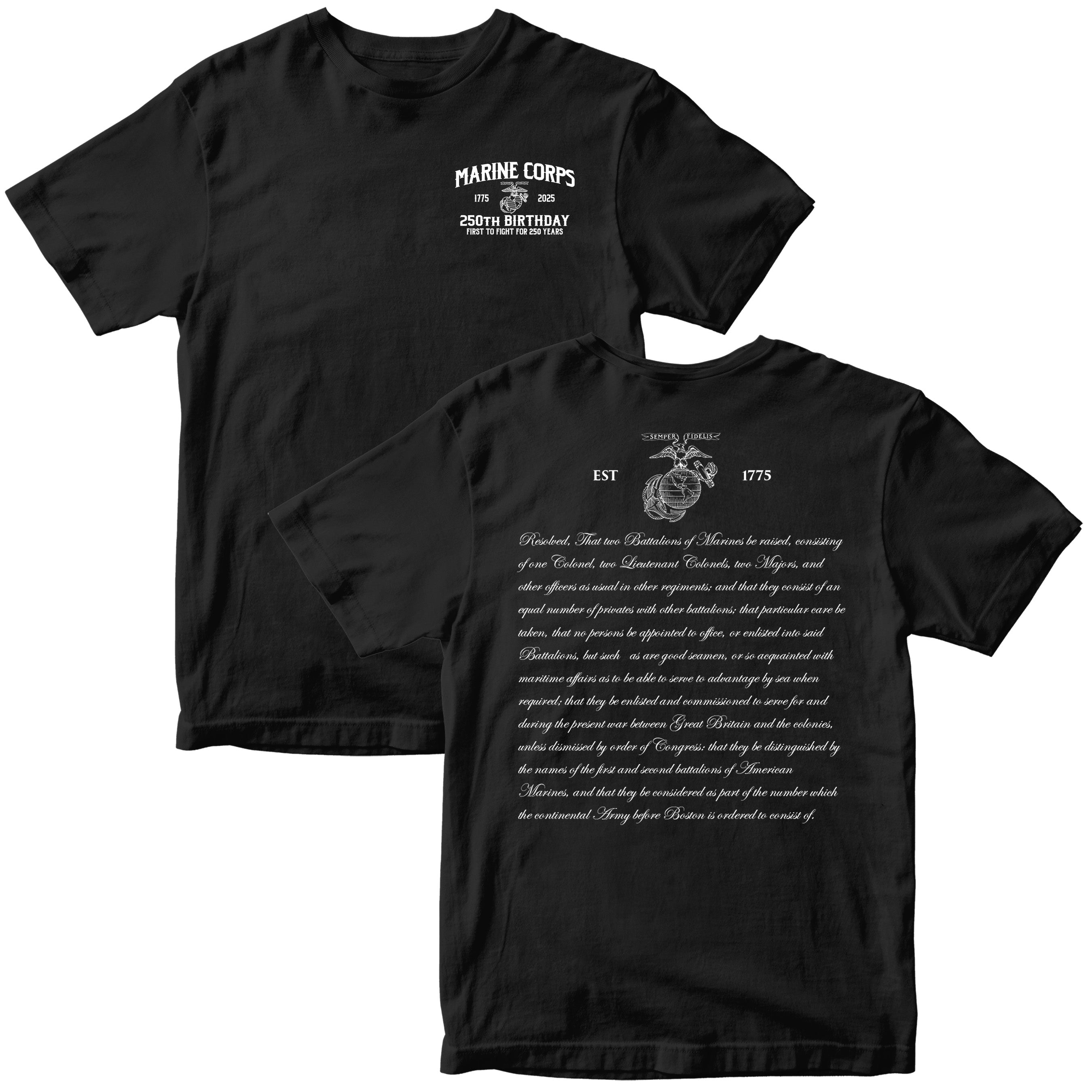 Black Marine Corps 250th Birthday t-shirt with Eagle, Globe, and Anchor chest seal and Continental Marines Act text on back