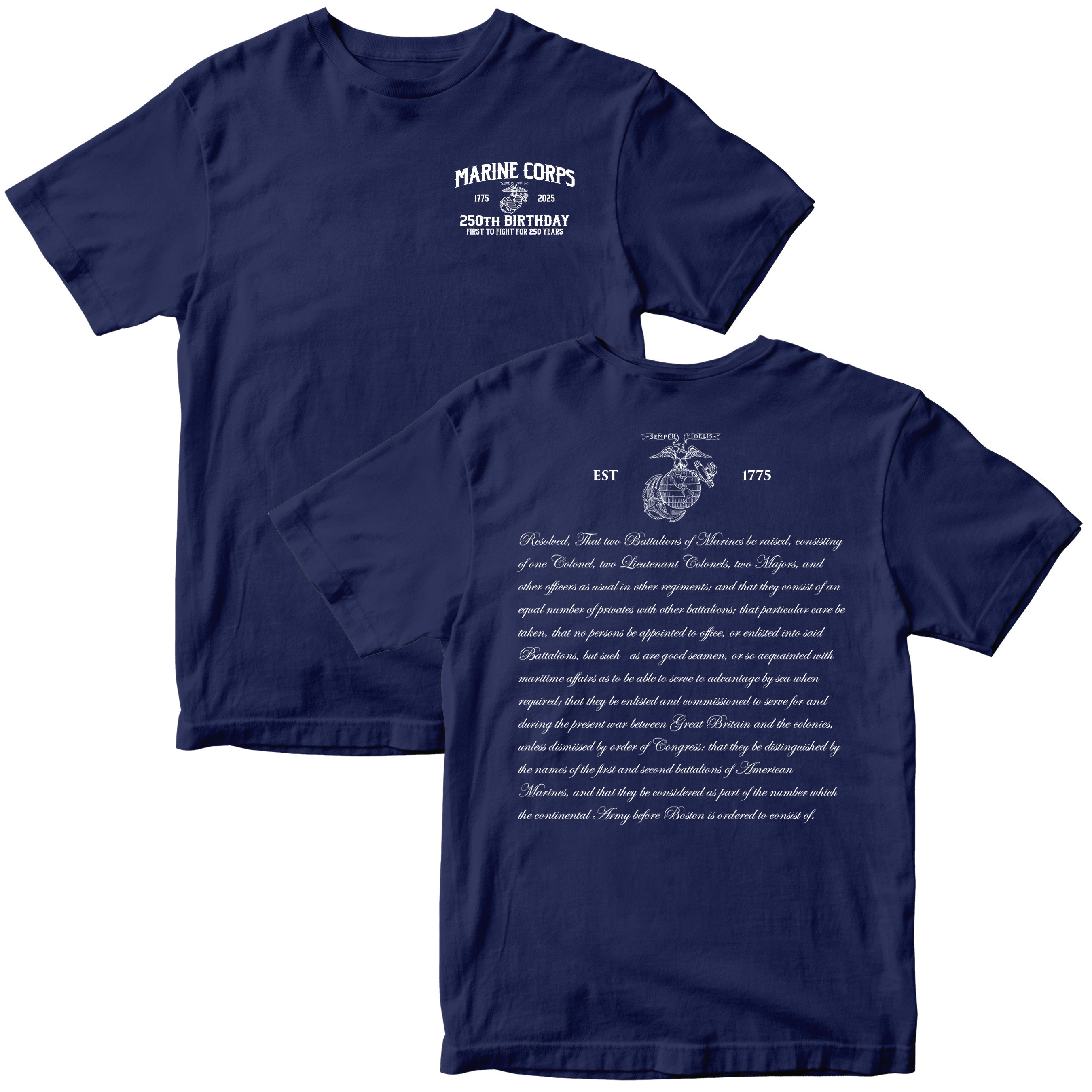 Navy Blue Marine Corps 250th Birthday t-shirt with Eagle, Globe, and Anchor chest seal and Continental Marines Act text on back