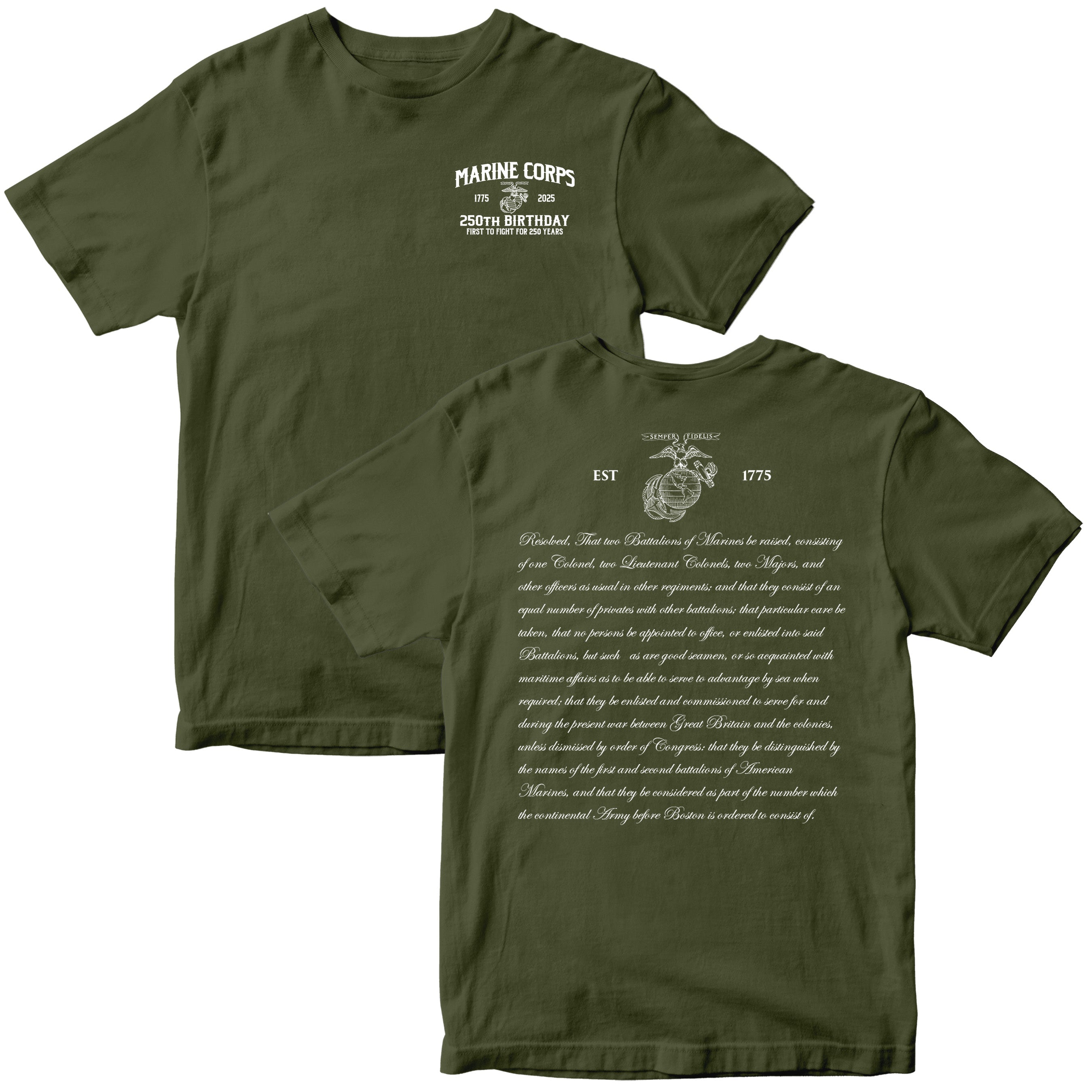 Green Marine Corps 250th Birthday t-shirt with Eagle, Globe, and Anchor chest seal and Continental Marines Act text on back