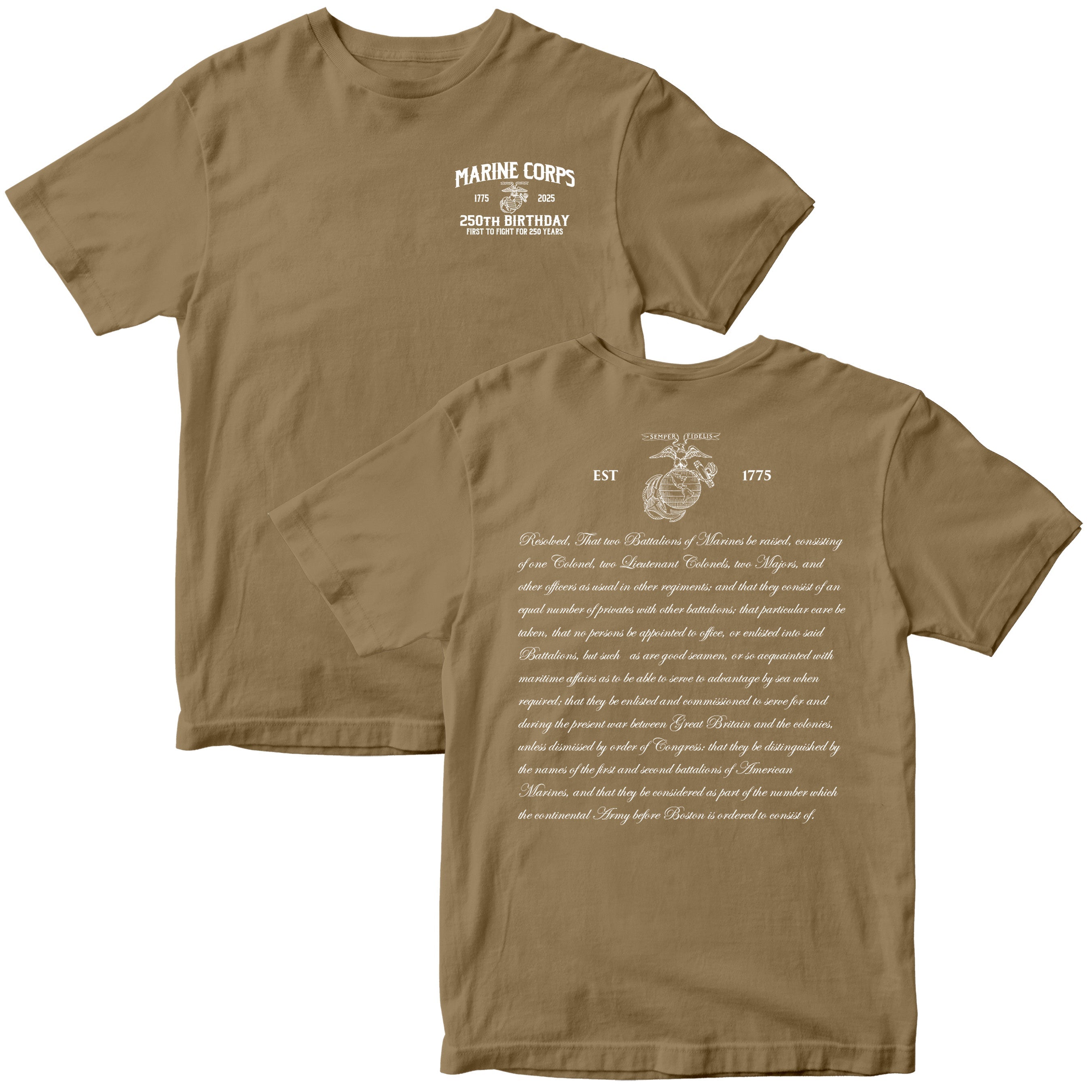 Brown Marine Corps 250th Birthday t-shirt with Eagle, Globe, and Anchor chest seal and Continental Marines Act text on back